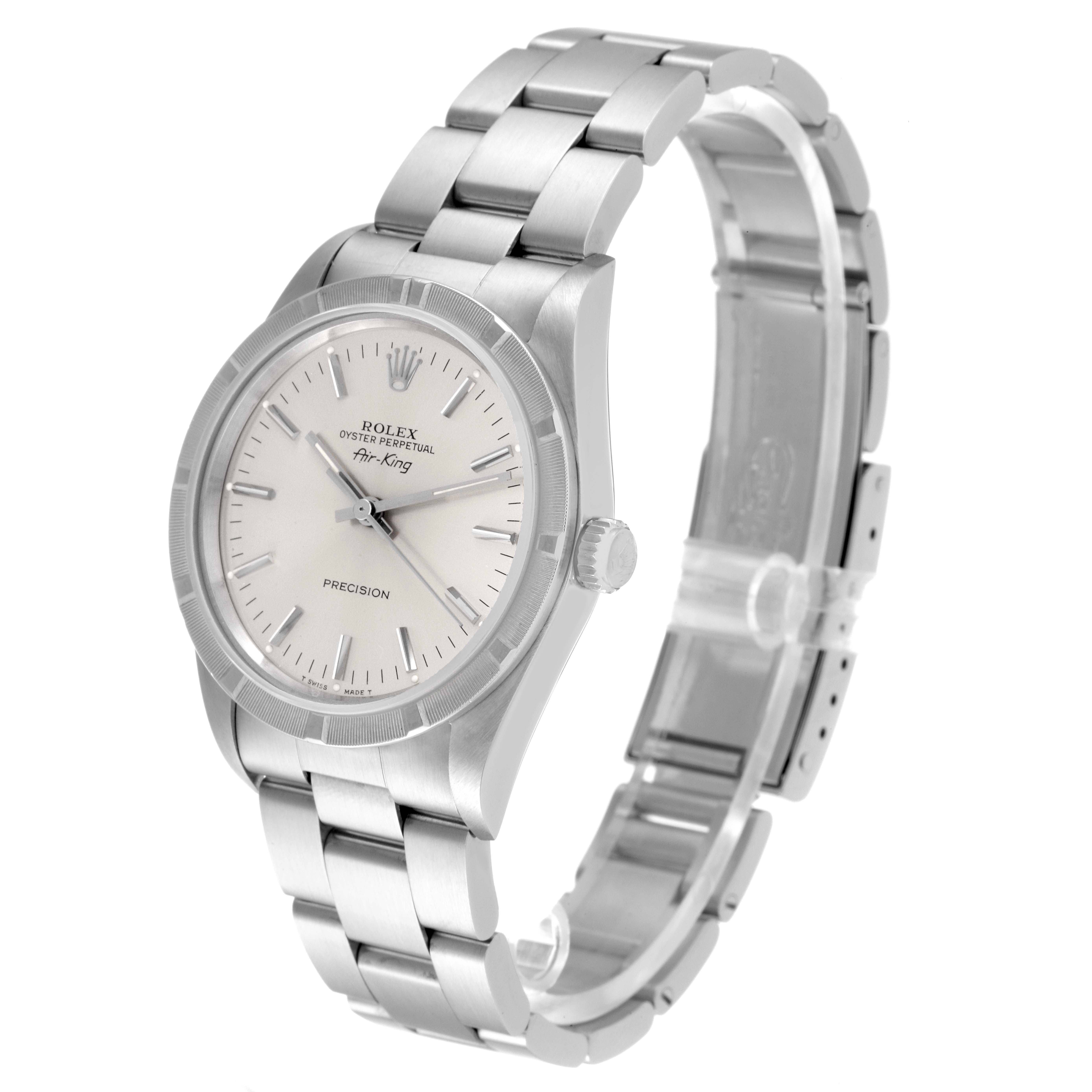 The image shows a side view of the Rolex Air-King 14010 Men's Stainless Steel Silver Dial 14010 Men's Stainless Steel Silver Dial watch displaying its dial, bezel, crown, and bracelet.