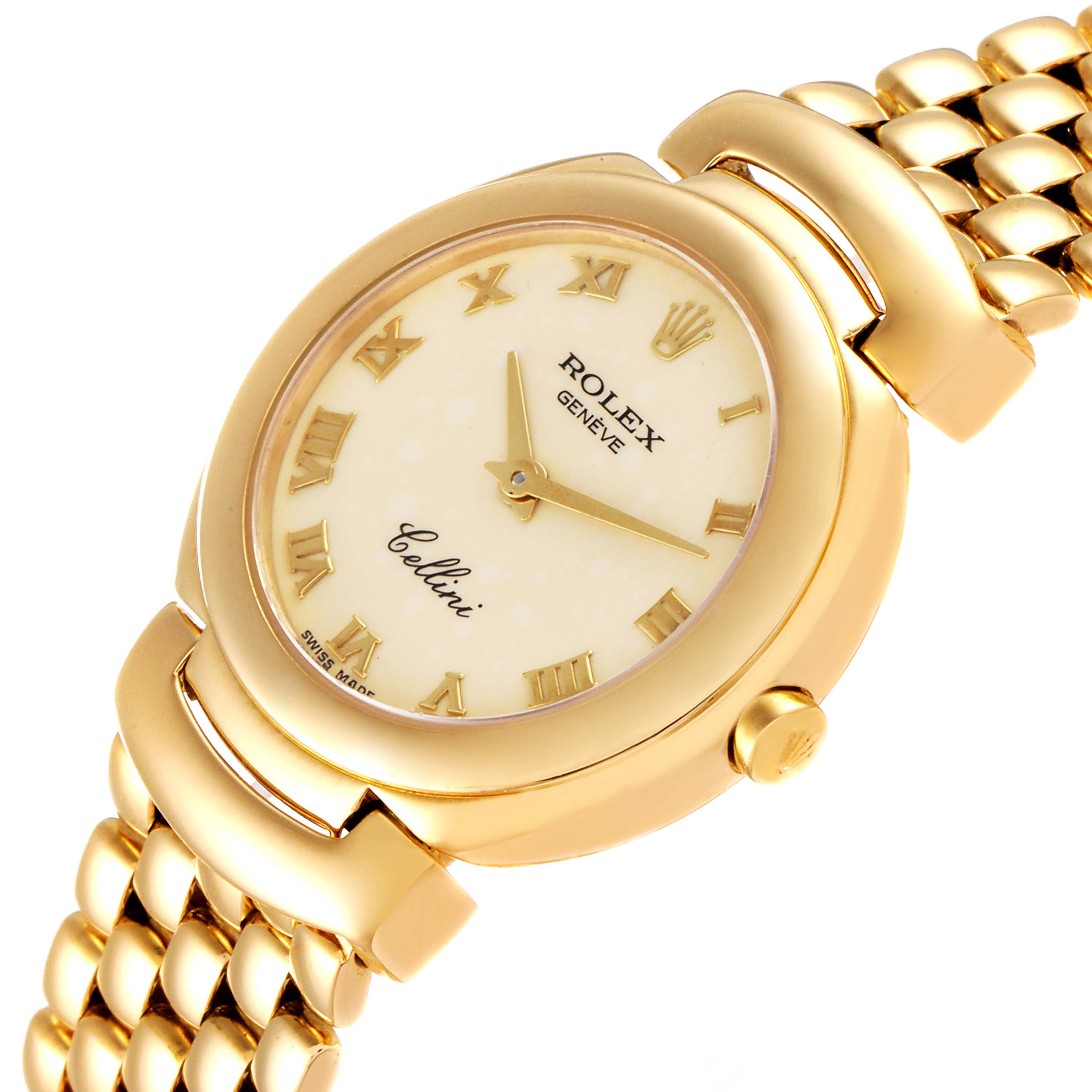 The image shows a close-up view of the Rolex Cellini 6621 Women's Yellow Gold Beige Dial 6621 Women's Yellow Gold Beige Dial watch, highlighting the face, bezel, crown, and a portion of the bracelet.