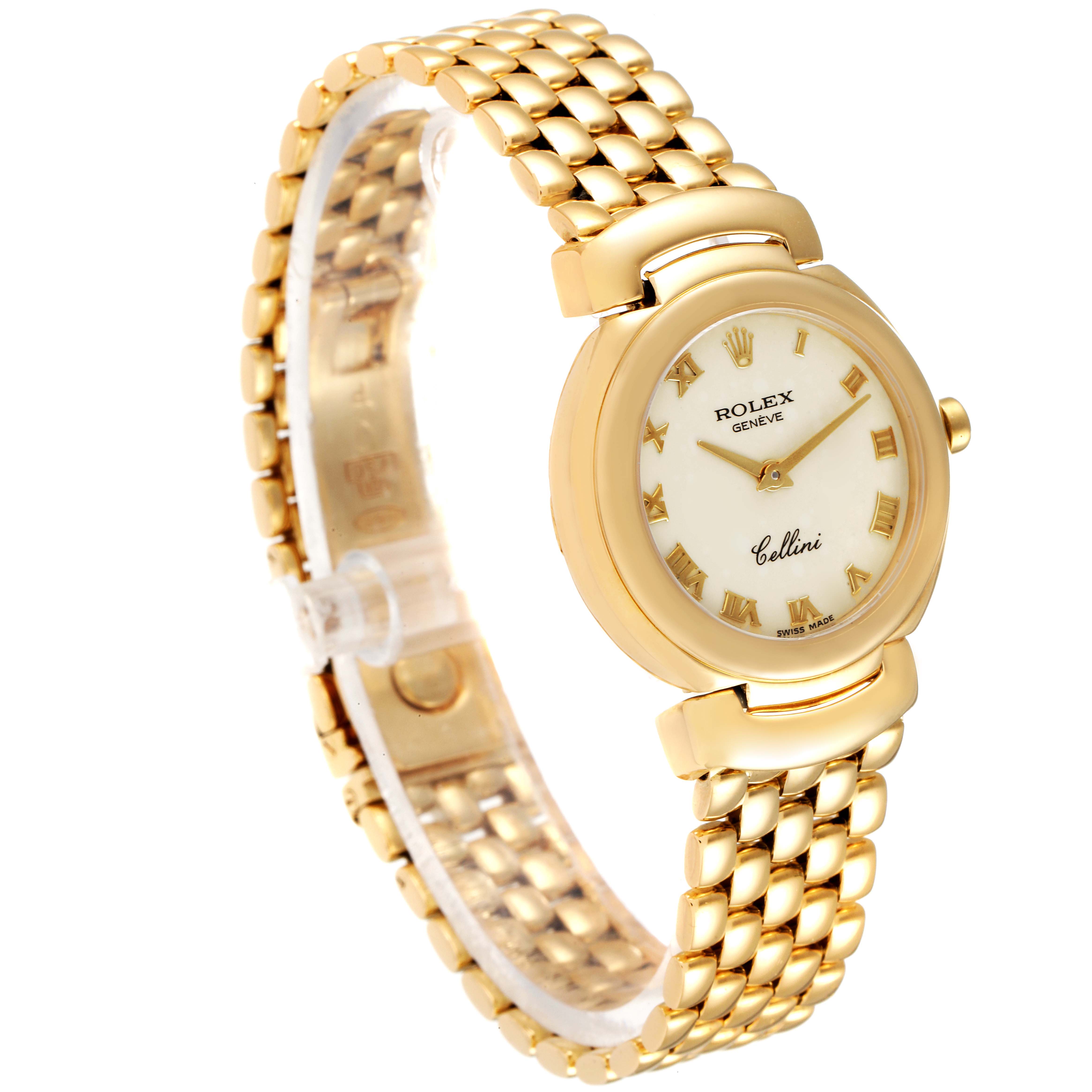 The image shows a Rolex Cellini 6621 Women's Yellow Gold Beige Dial 6621 Women's Yellow Gold Beige Dial watch at an angle highlighting its gold bracelet, round dial, and Roman numeral hour markers.