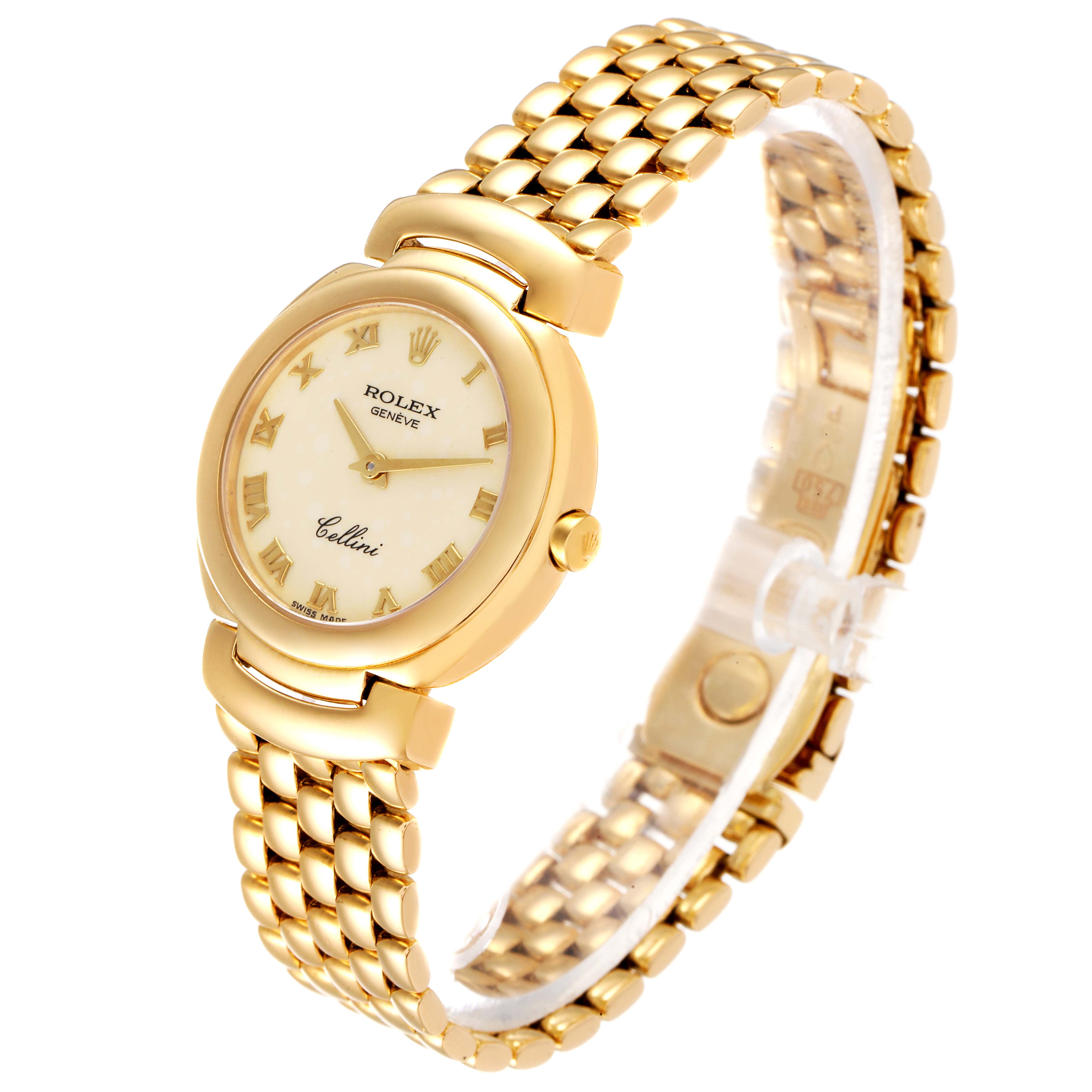 The Rolex Cellini 6621 Women's Yellow Gold Beige Dial 6621 Women's Yellow Gold Beige Dial watch is shown at a slight angle, displaying its gold case, Roman numeral dial, and metal bracelet.