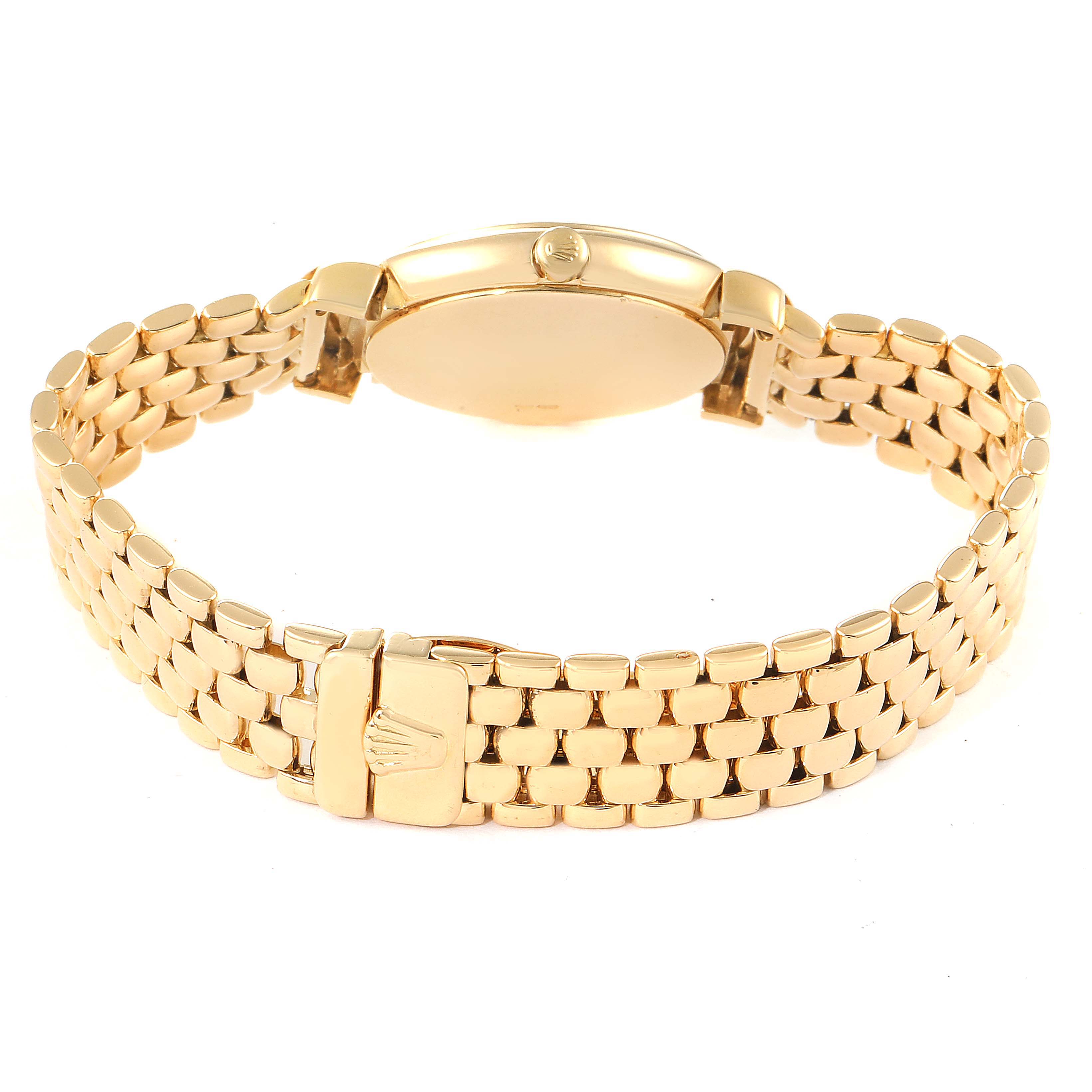 This image shows the Rolex Cellini 6621 Women's Yellow Gold Beige Dial 6621 Women's Yellow Gold Beige Dial watch from a rear angle, highlighting its clasp, bracelet, and side profile.