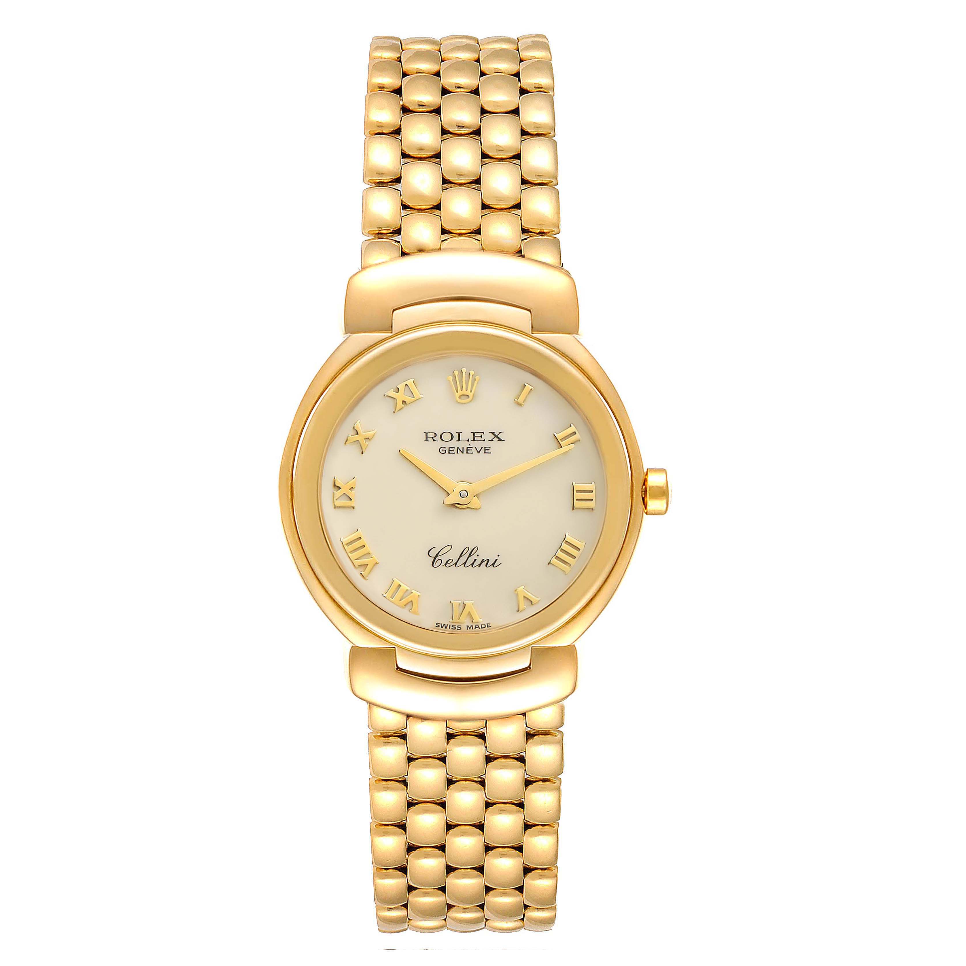 The image shows a front view of a Rolex Cellini 6621 Women's Yellow Gold Beige Dial 6621 Women's Yellow Gold Beige Dial watch, highlighting its gold case, Roman numeral dial, and gold bracelet.