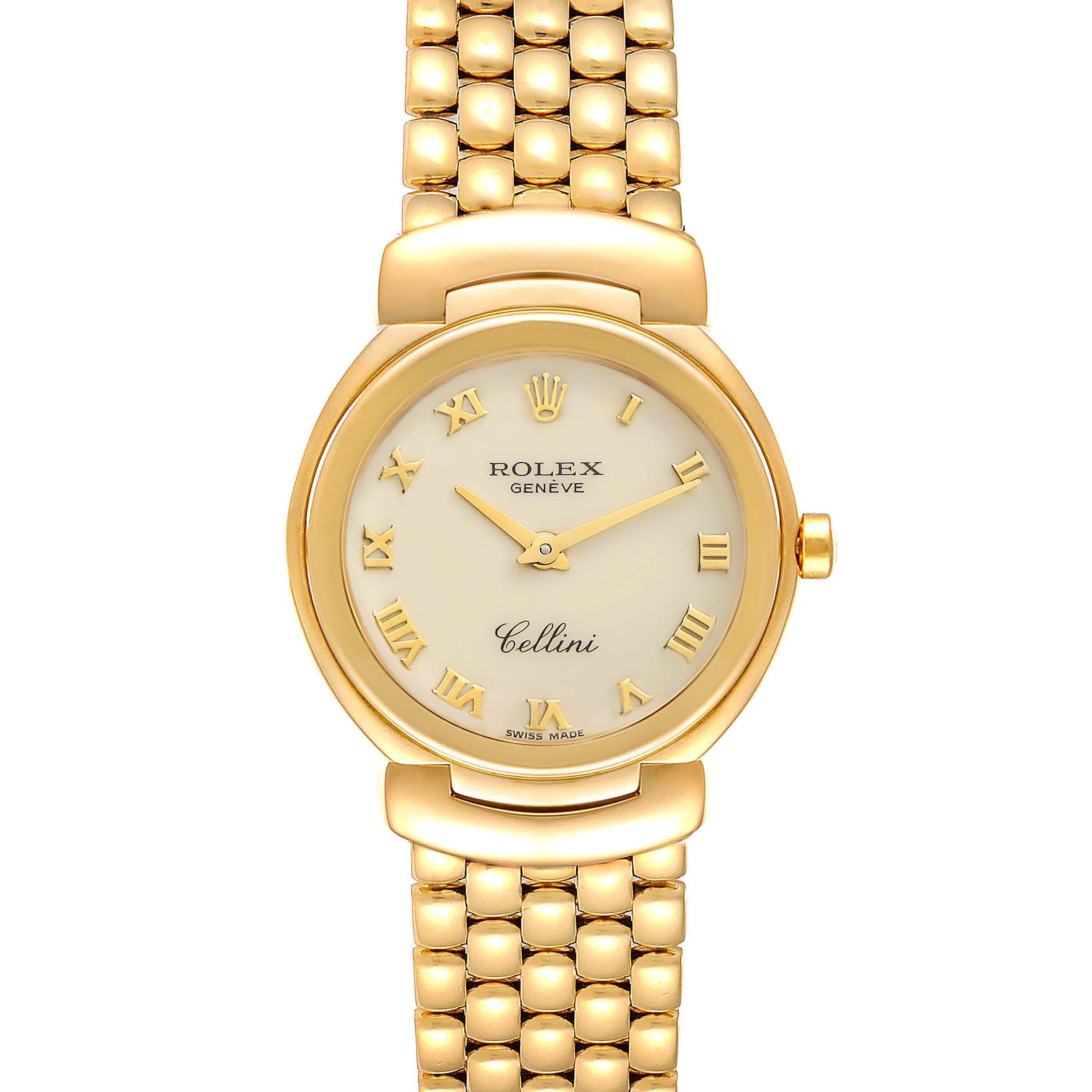 This image shows a Rolex Cellini 6621 Women's Yellow Gold Beige Dial 6621 Women's Yellow Gold Beige Dial watch from a front angle, highlighting its gold case, Roman numeral dial, and gold bracelet.