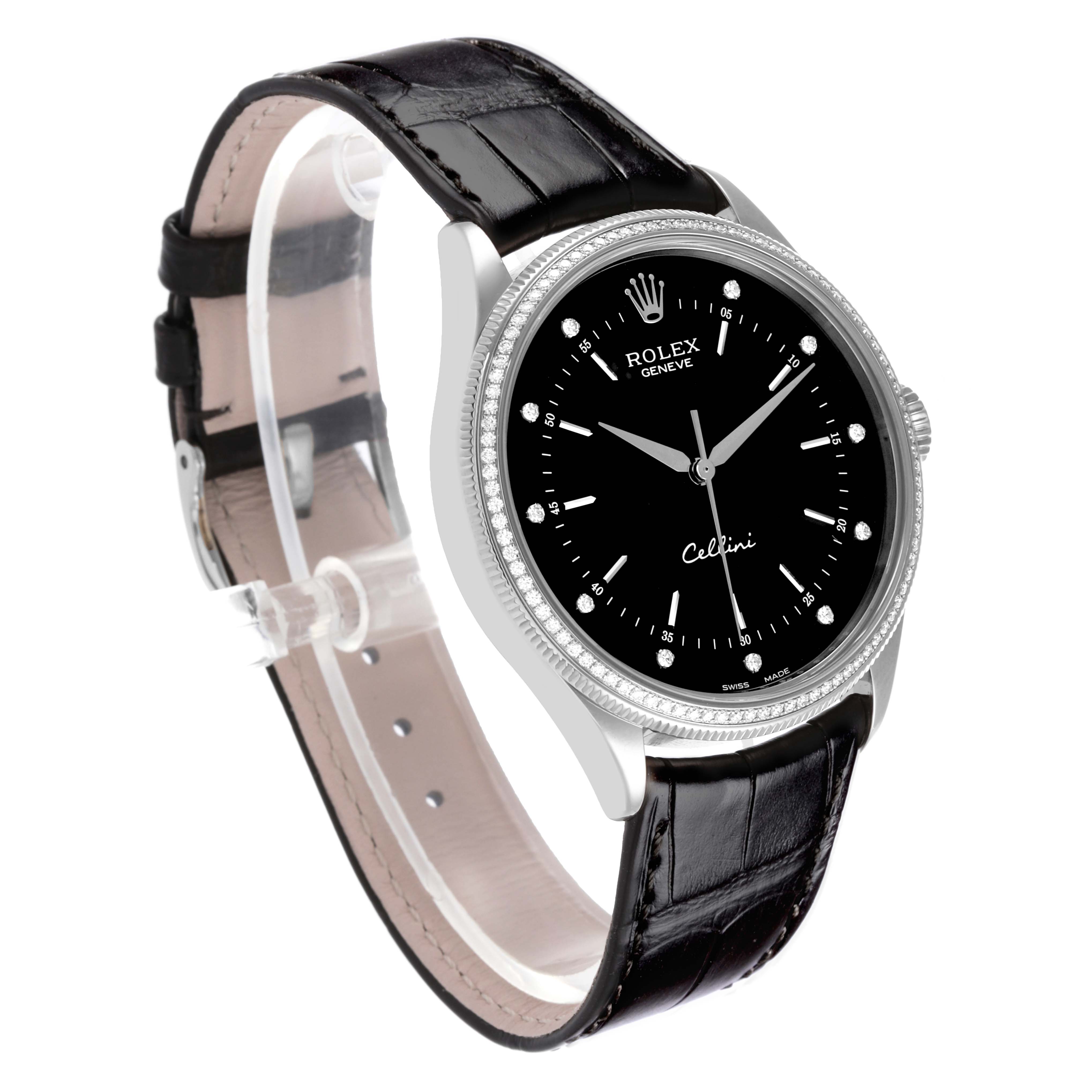 The Rolex Cellini 50609 Men's White Gold Black Dial 50609 Men's White Gold Black Dial watch is shown at a three-quarter angle, highlighting the face, bezel, and black leather strap.