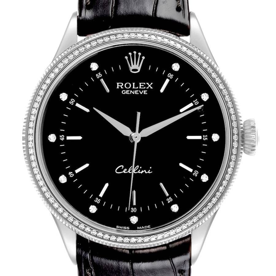 The Rolex Cellini watch is shown from the front, showcasing the dial, hands, bezel, and a portion of the strap.