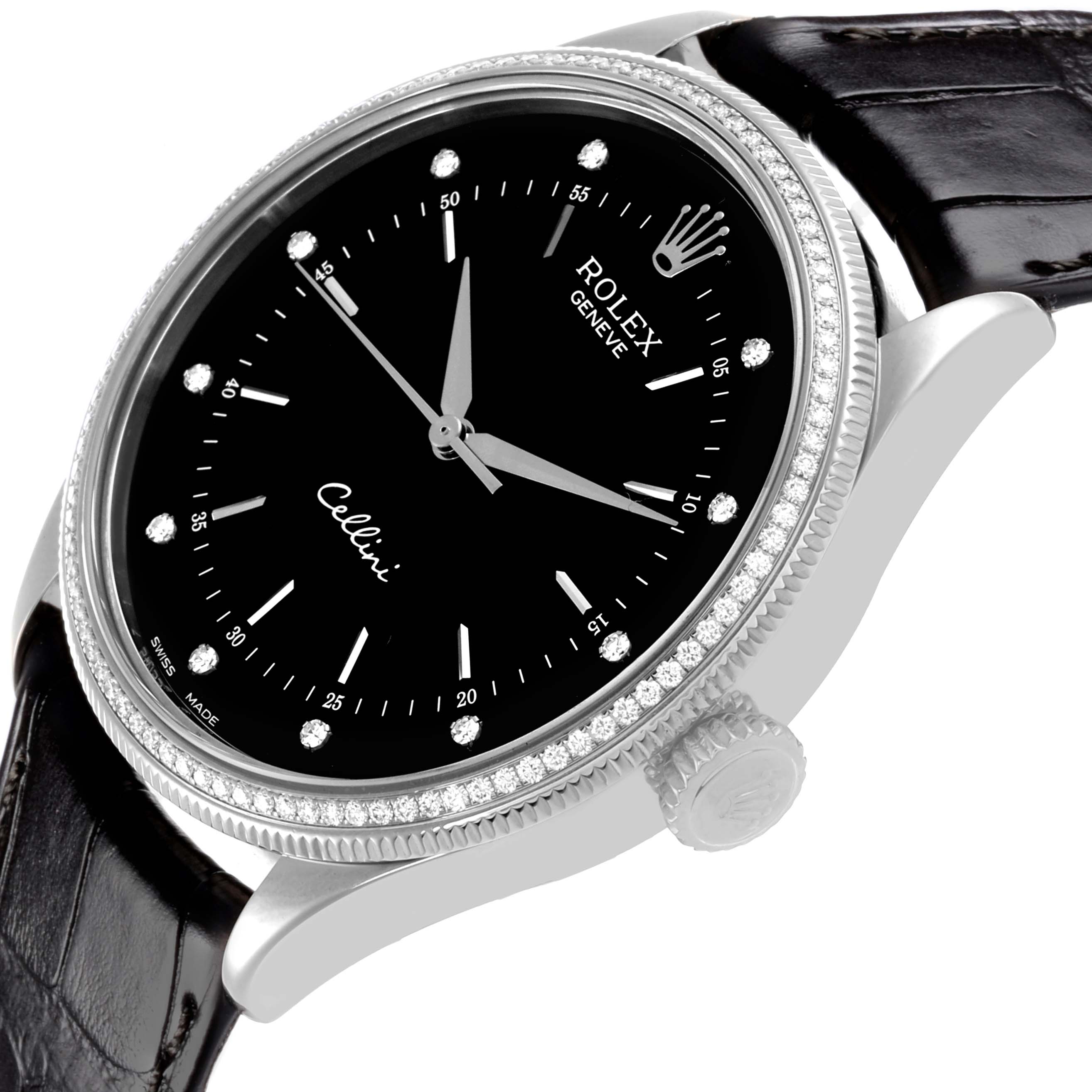 The Rolex Cellini 50609 Men's White Gold Black Dial 50609 Men's White Gold Black Dial watch is shown at an angled side view, highlighting the black dial, bezel, crown, and leather strap.