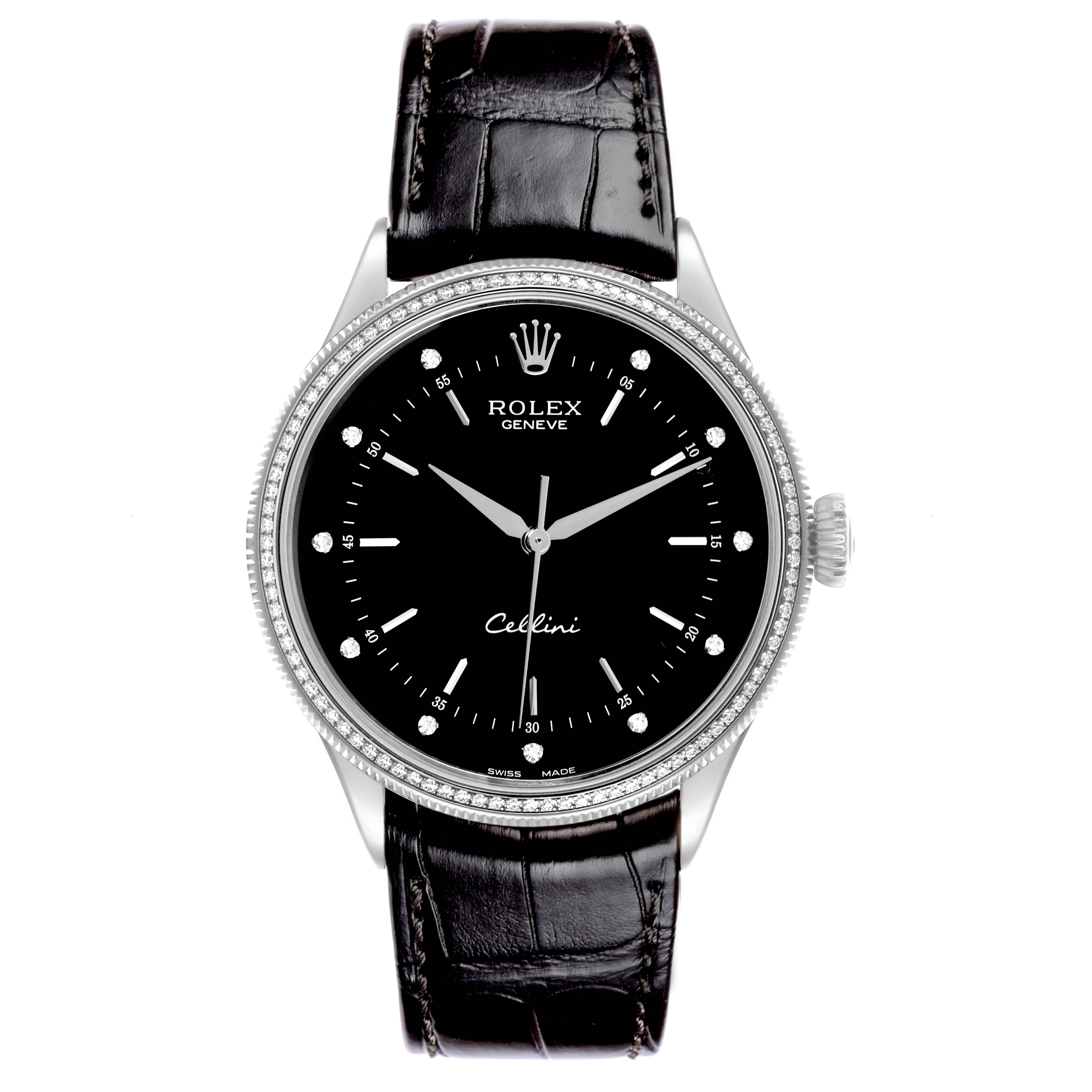 The Rolex Cellini 50609 Men's White Gold Black Dial 50609 Men's White Gold Black Dial watch is shown from a front angle, highlighting the face, bezel, and leather strap.