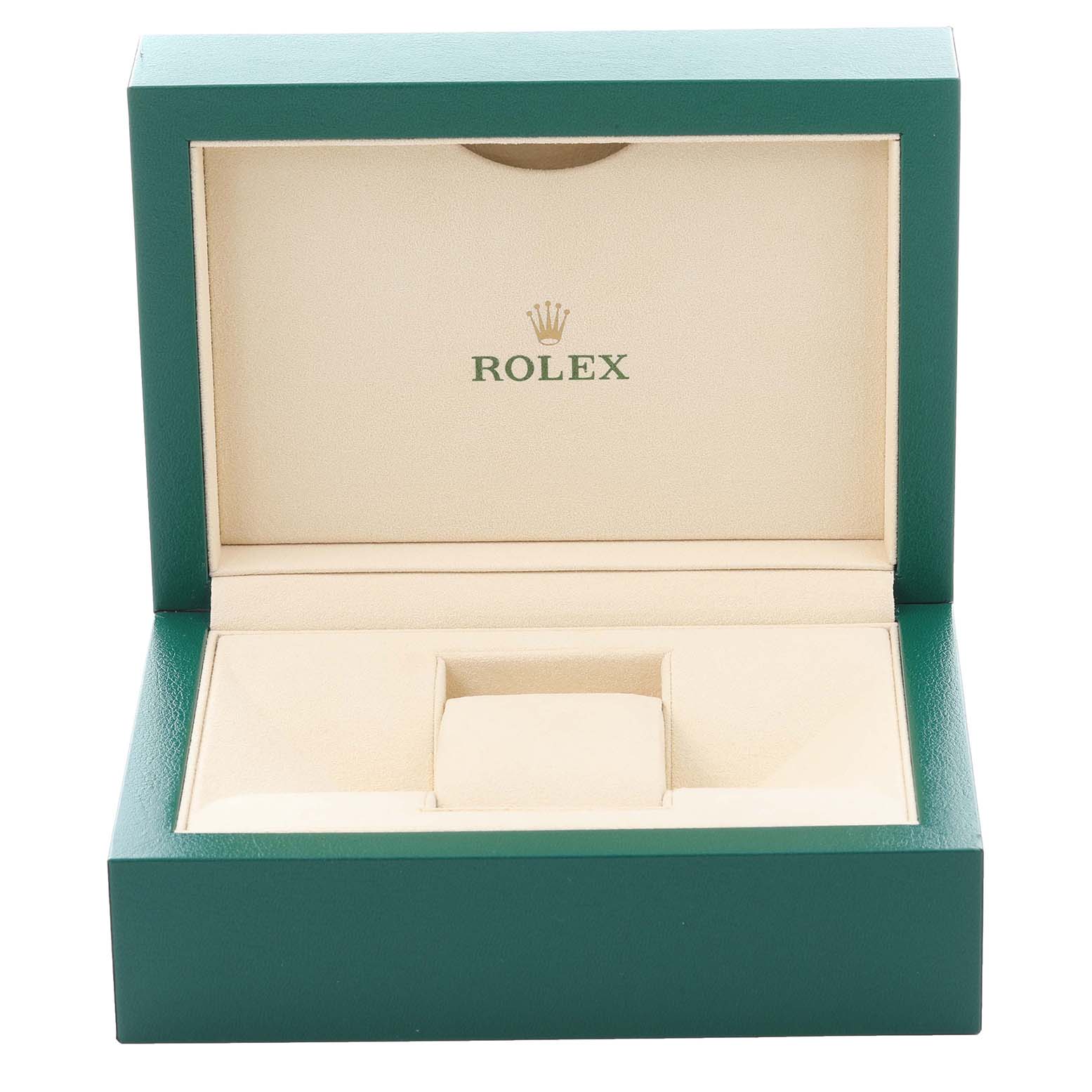 The image shows a Rolex Cellini 50609 Men's White Gold Black Dial 50609 Men's White Gold Black Dial watch box, open to display the interior padding and branding.