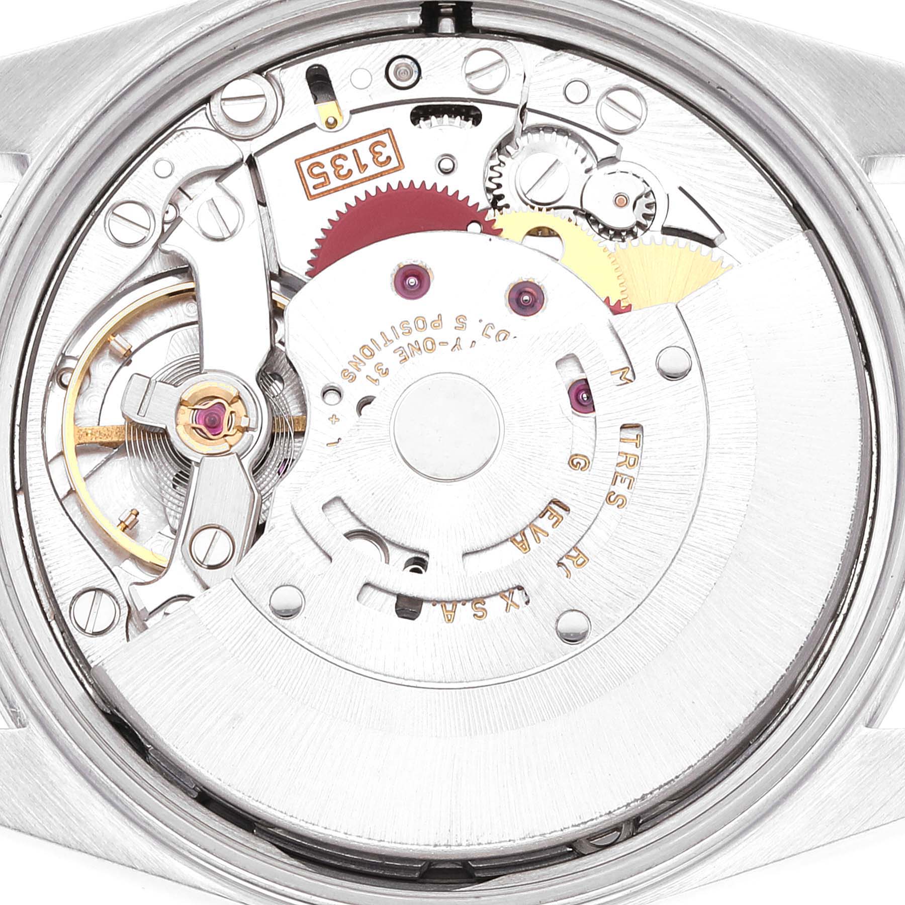 The image shows the movement and internal mechanics of a Rolex Date 15200 Men
s Stainless Steel Blue Dial 15200 Men
s Stainless Steel Blue Dial model watch from a back view angle.