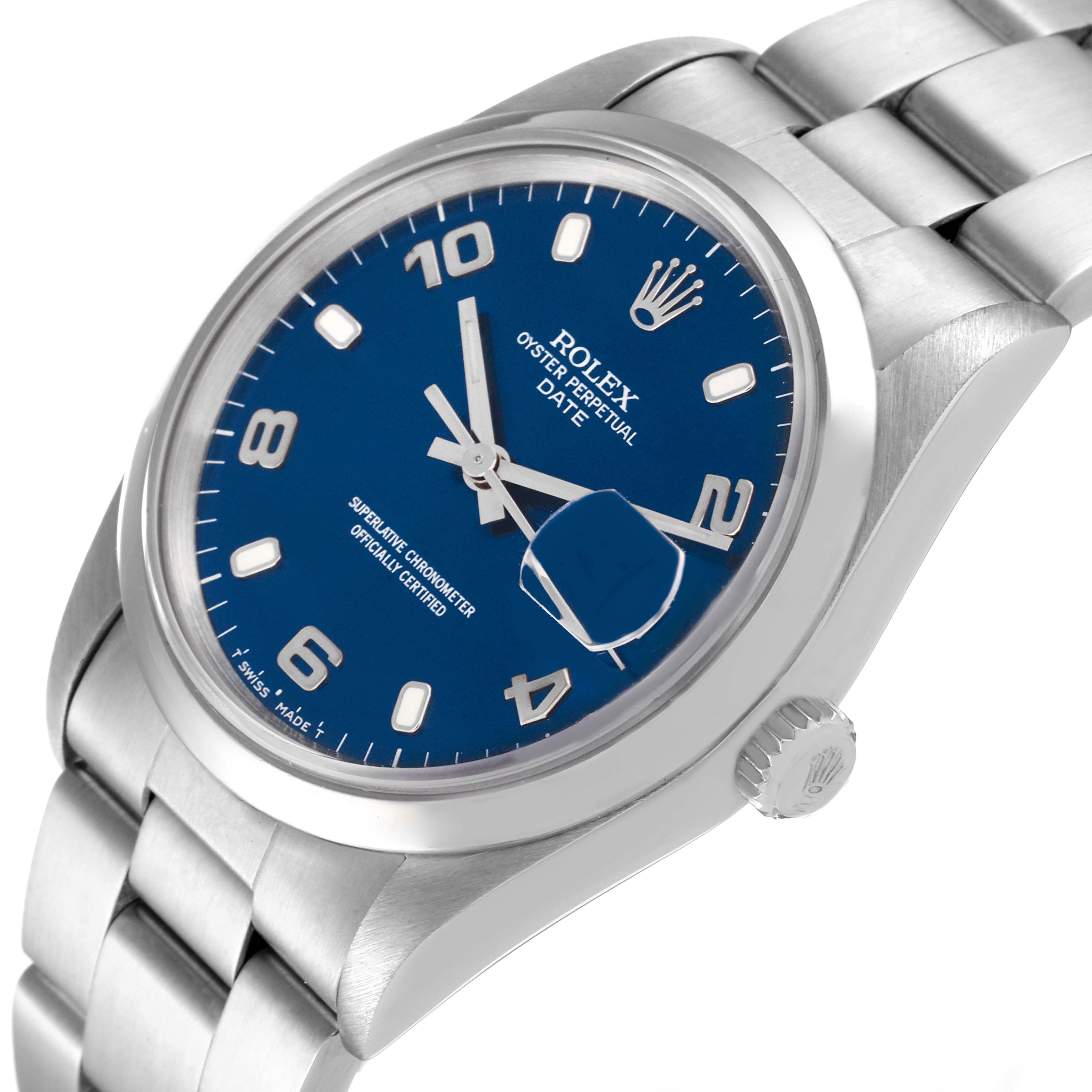 This is a side and front angled view of the Rolex Date 15200 Men
s Stainless Steel Blue Dial 15200 Men
s Stainless Steel Blue Dial model, showing the dial, crown, and part of the bracelet.