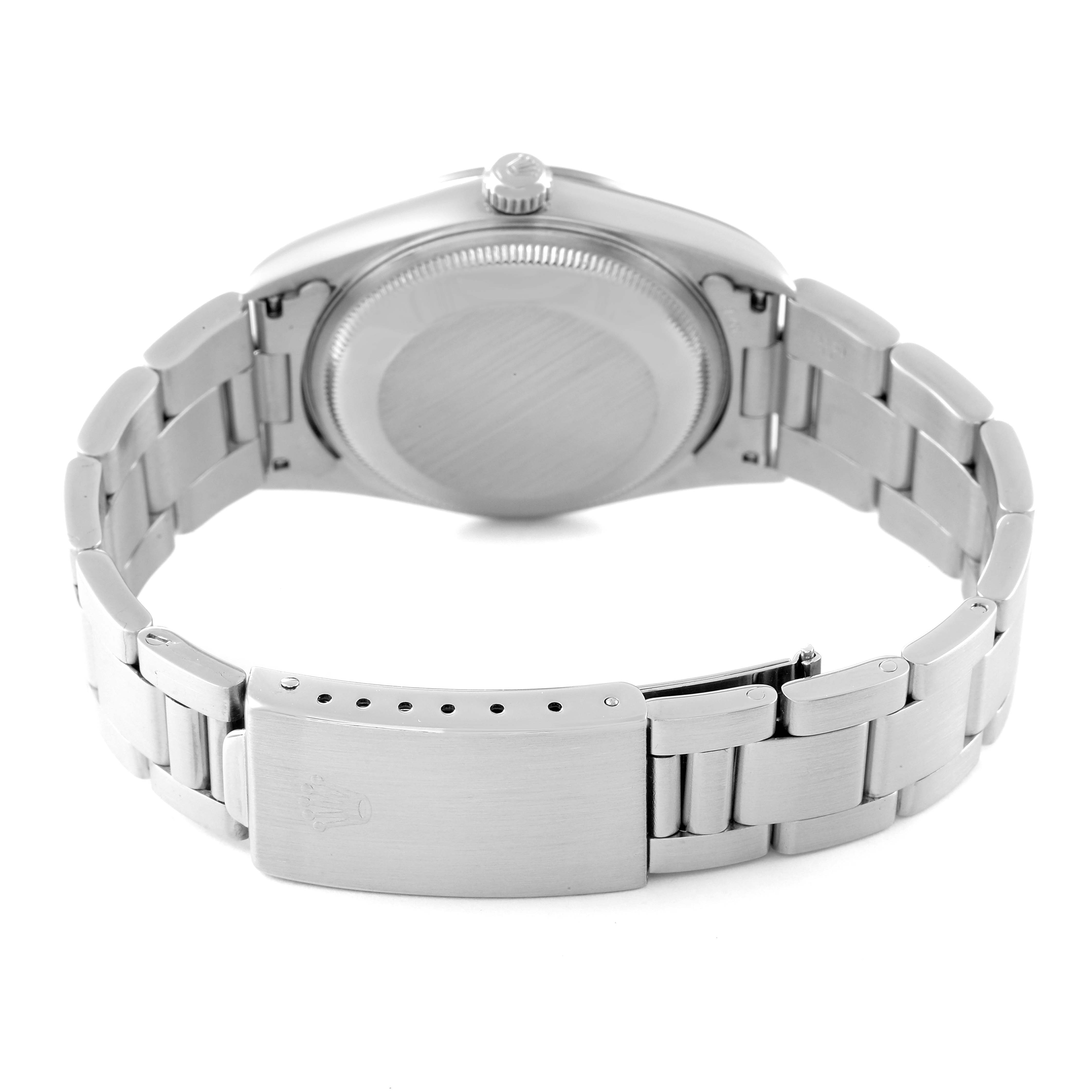 The image shows the back view of a Rolex Date 15200 Men
s Stainless Steel Blue Dial 15200 Men
s Stainless Steel Blue Dial model, displaying the case back, bracelet, and clasp.