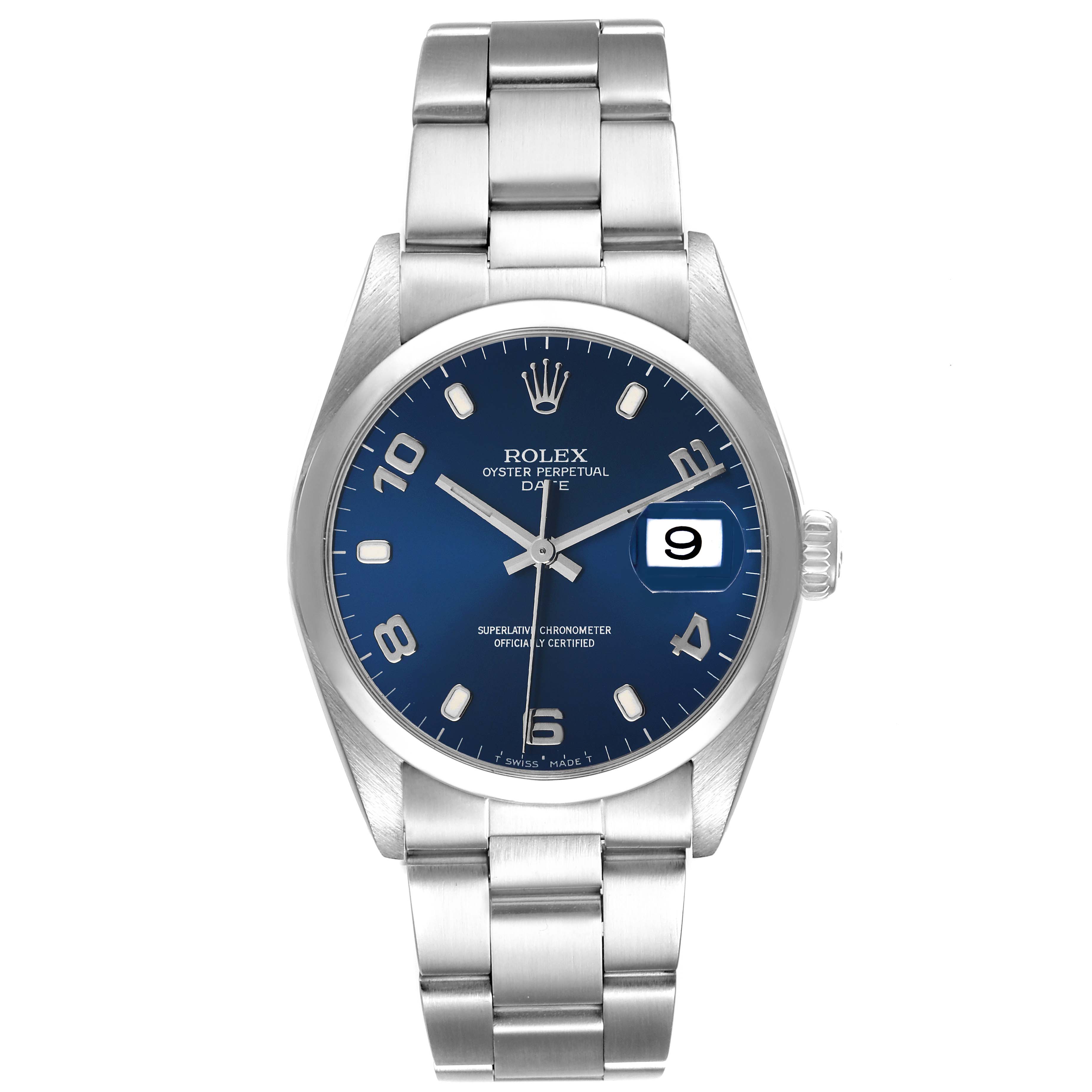 This is a front view of a Rolex Date 15200 Men
s Stainless Steel Blue Dial 15200 Men
s Stainless Steel Blue Dial model, showing its blue dial, bracelet, case, and date display.
