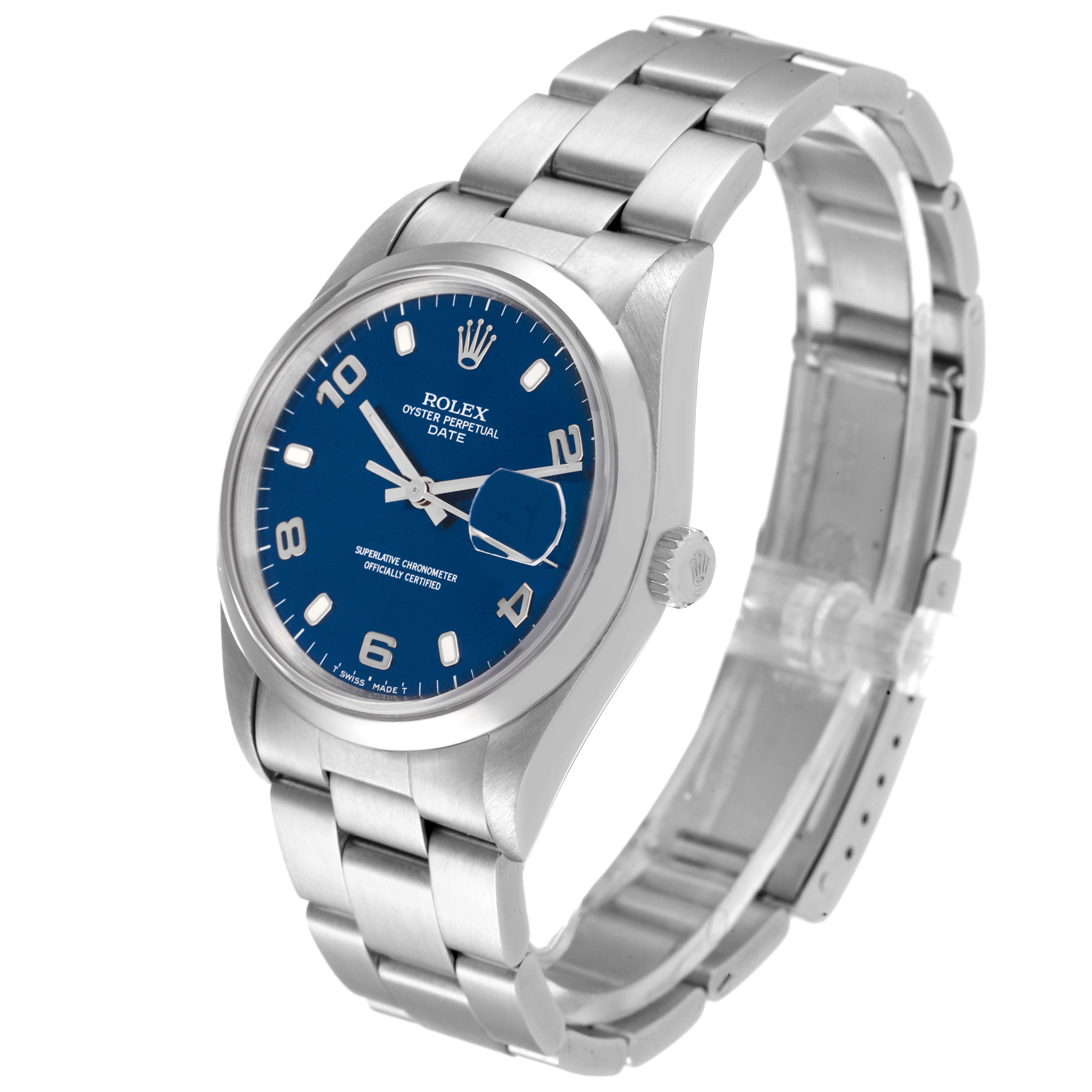 The Rolex Date 15200 Men
s Stainless Steel Blue Dial 15200 Men
s Stainless Steel Blue Dial model watch is shown at a slight angle, displaying its blue dial, stainless steel bracelet, and magnified date window.