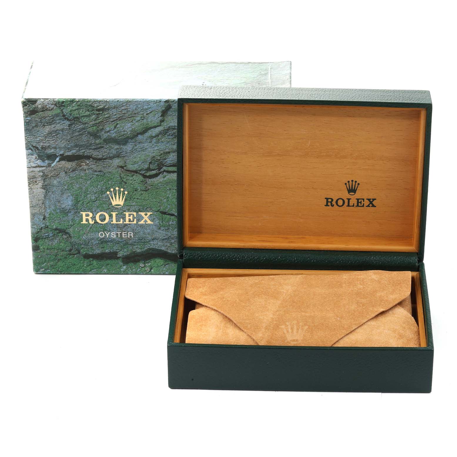 This image shows a semi-open box for a Date model Rolex, with its lid upright and a beige pouch inside.