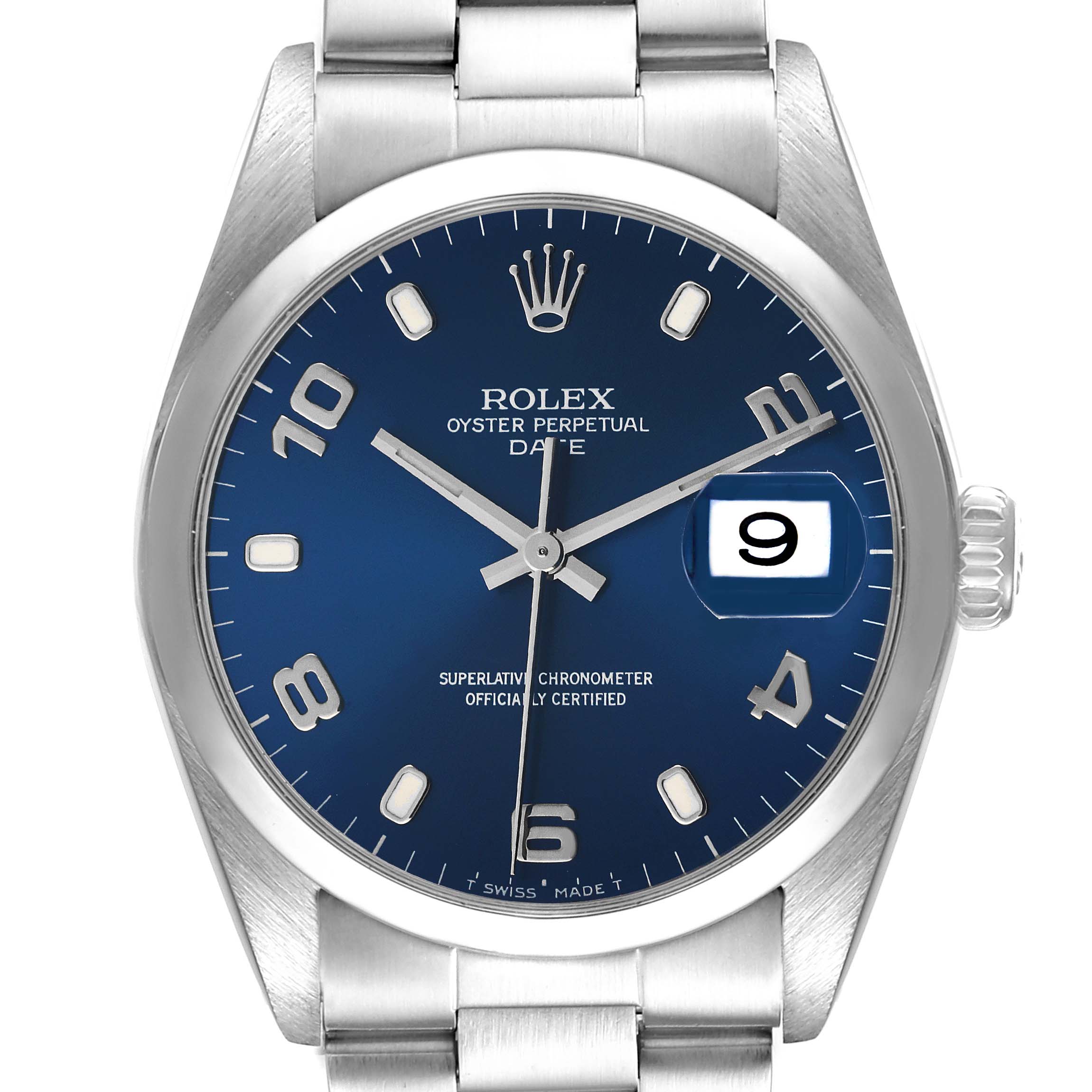 This image shows the face, bezel, and part of the bracelet of a Rolex Date 15200 Men
s Stainless Steel Blue Dial 15200 Men
s Stainless Steel Blue Dial model watch, viewed from the front.