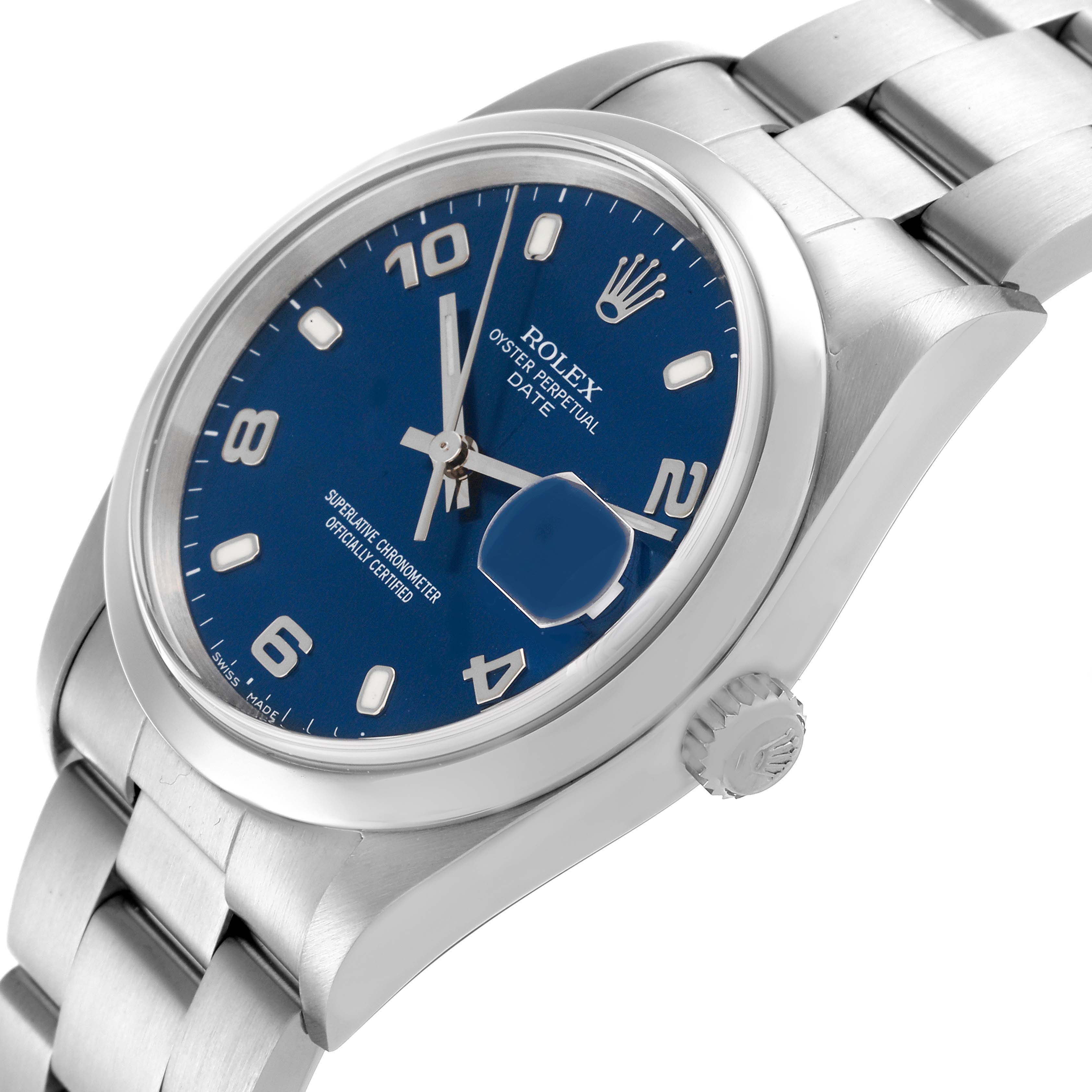 The Rolex Date 15200 Men's Stainless Steel Blue Dial 15200 Men's Stainless Steel Blue Dial model is shown at a slight angle, displaying the blue dial, crown, and part of the bracelet.