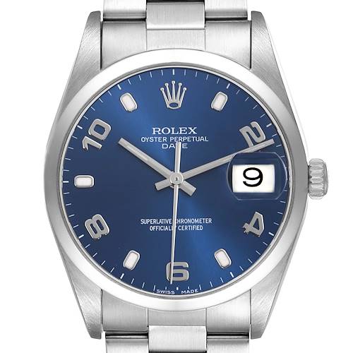 The Rolex Date model is shown from a front angle, highlighting the dial, bezel, and part of the bracelet.