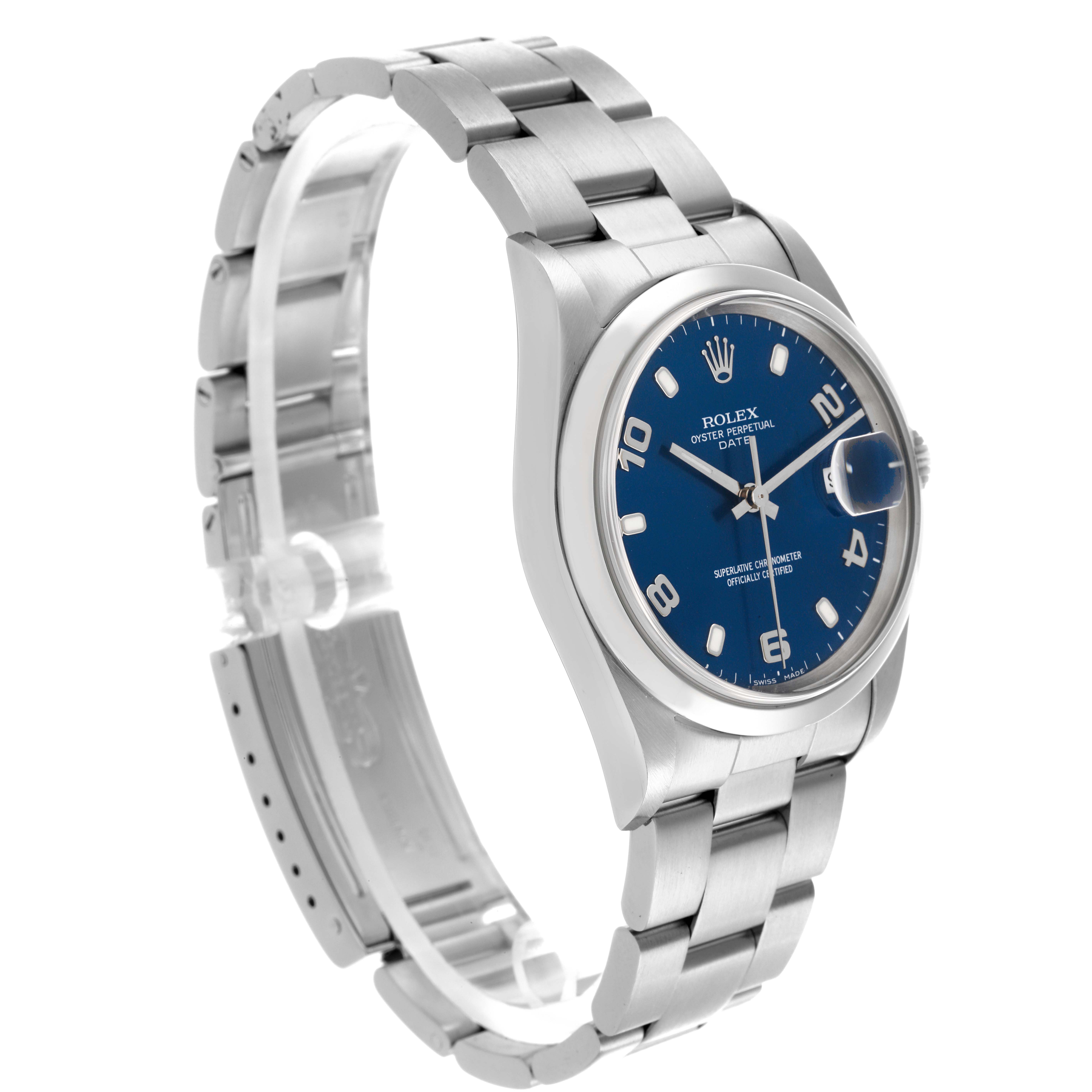 The Rolex Date 15200 Men's Stainless Steel Blue Dial 15200 Men's Stainless Steel Blue Dial watch is shown at an angle highlighting the blue dial, bezel, and stainless steel bracelet.