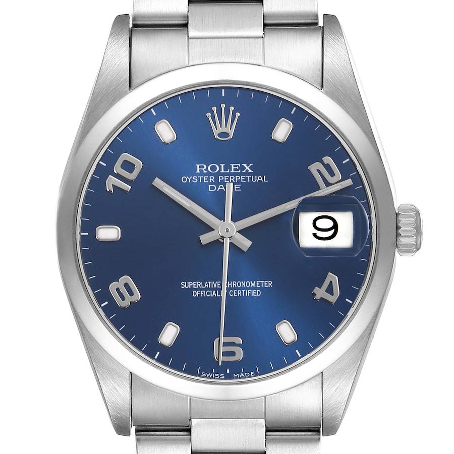 The Rolex Date watch is shown from a front view, highlighting the blue dial, hands, and date magnifier.