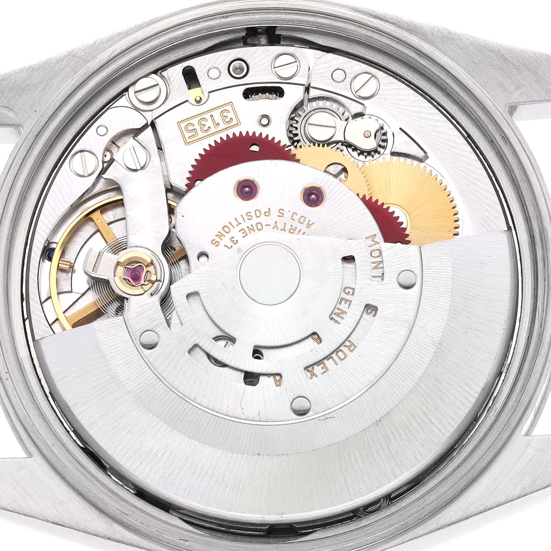 The image shows the internal movement of a Rolex Date 15200 Men's Stainless Steel Blue Dial 15200 Men's Stainless Steel Blue Dial watch, highlighting its gears and mechanism.