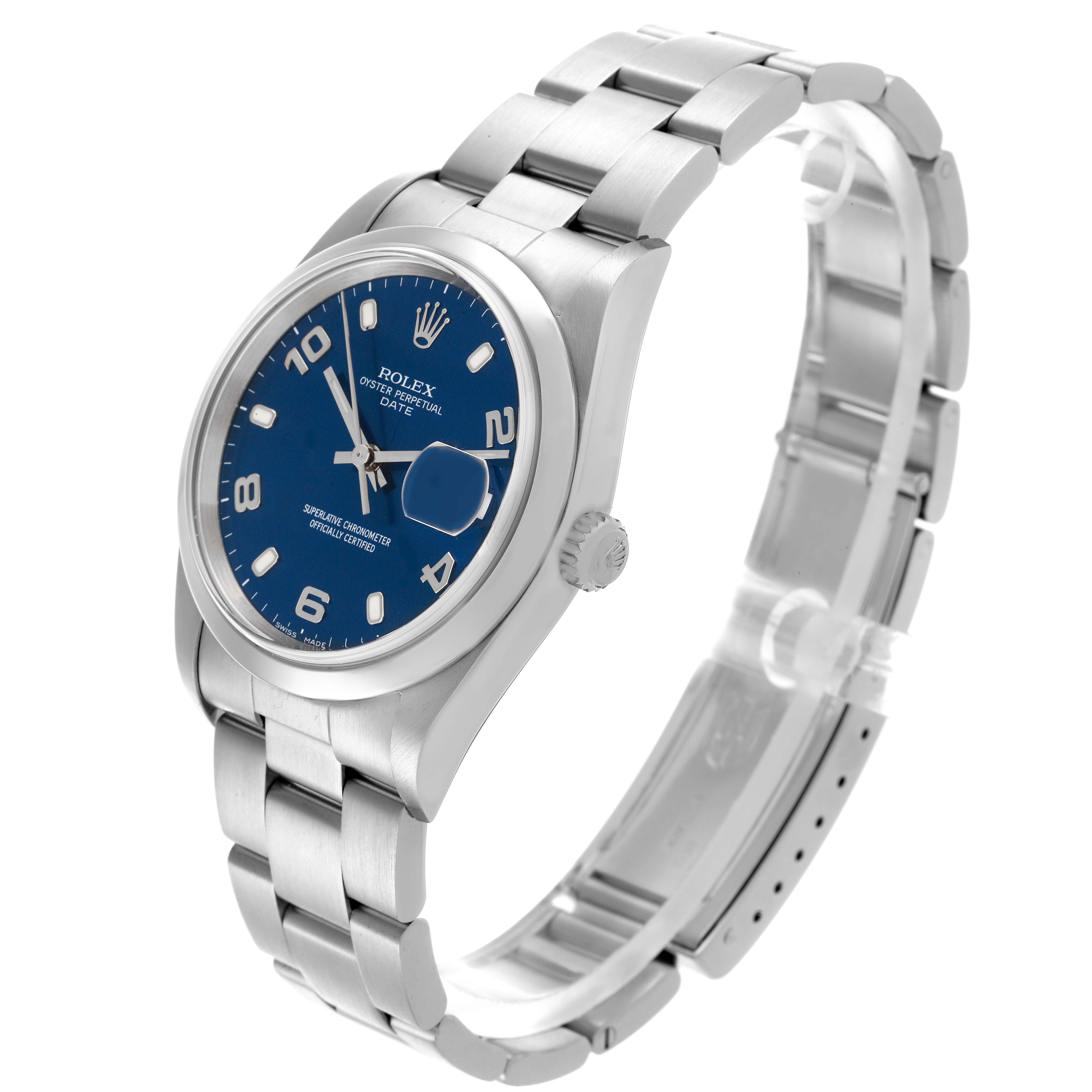 The Rolex Date 15200 Men's Stainless Steel Blue Dial 15200 Men's Stainless Steel Blue Dial watch is shown at a slight angle, highlighting the face, bezel, bracelet, and crown.