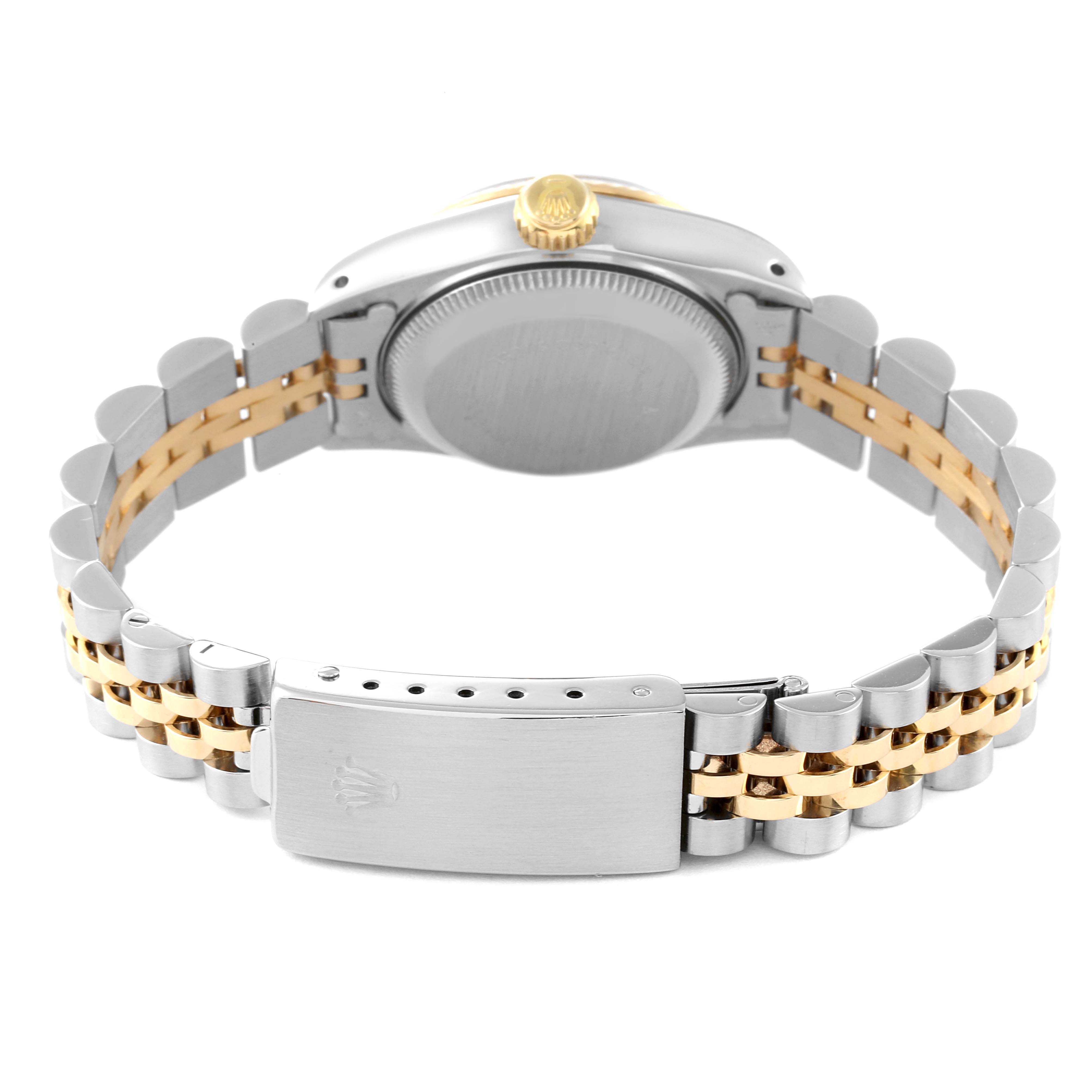 The image shows the back view of a Rolex Date 69173 Women's Steel and Gold (two tone) Silver Dial 69173 Women's Steel and Gold (two tone) Silver Dial watch, highlighting its clasp, bracelet, and caseback.