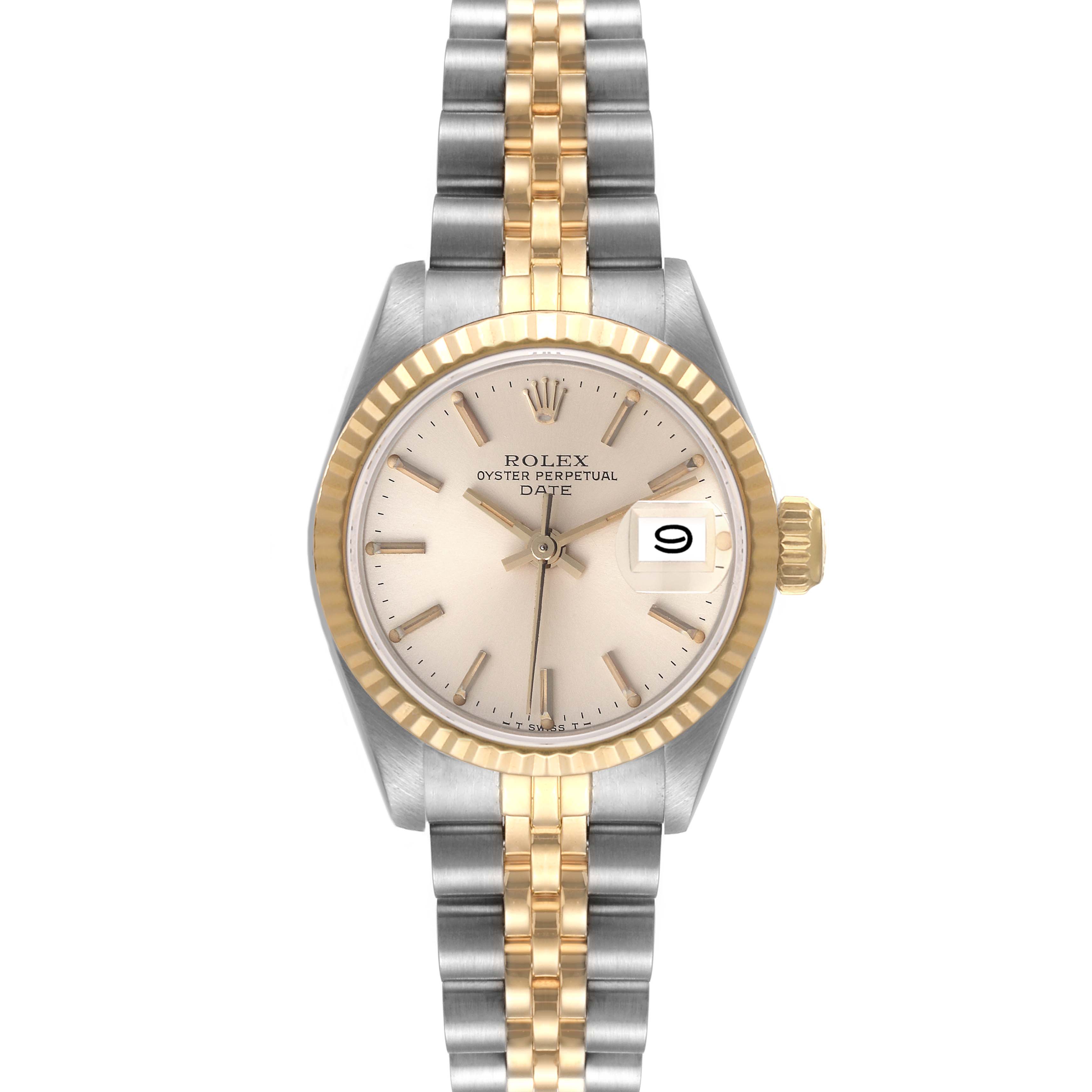 The image shows a Rolex Date 69173 Women's Steel and Gold (two tone) Silver Dial 69173 Women's Steel and Gold (two tone) Silver Dial model watch, featuring a front view of the dial, bezel, and two-tone bracelet.