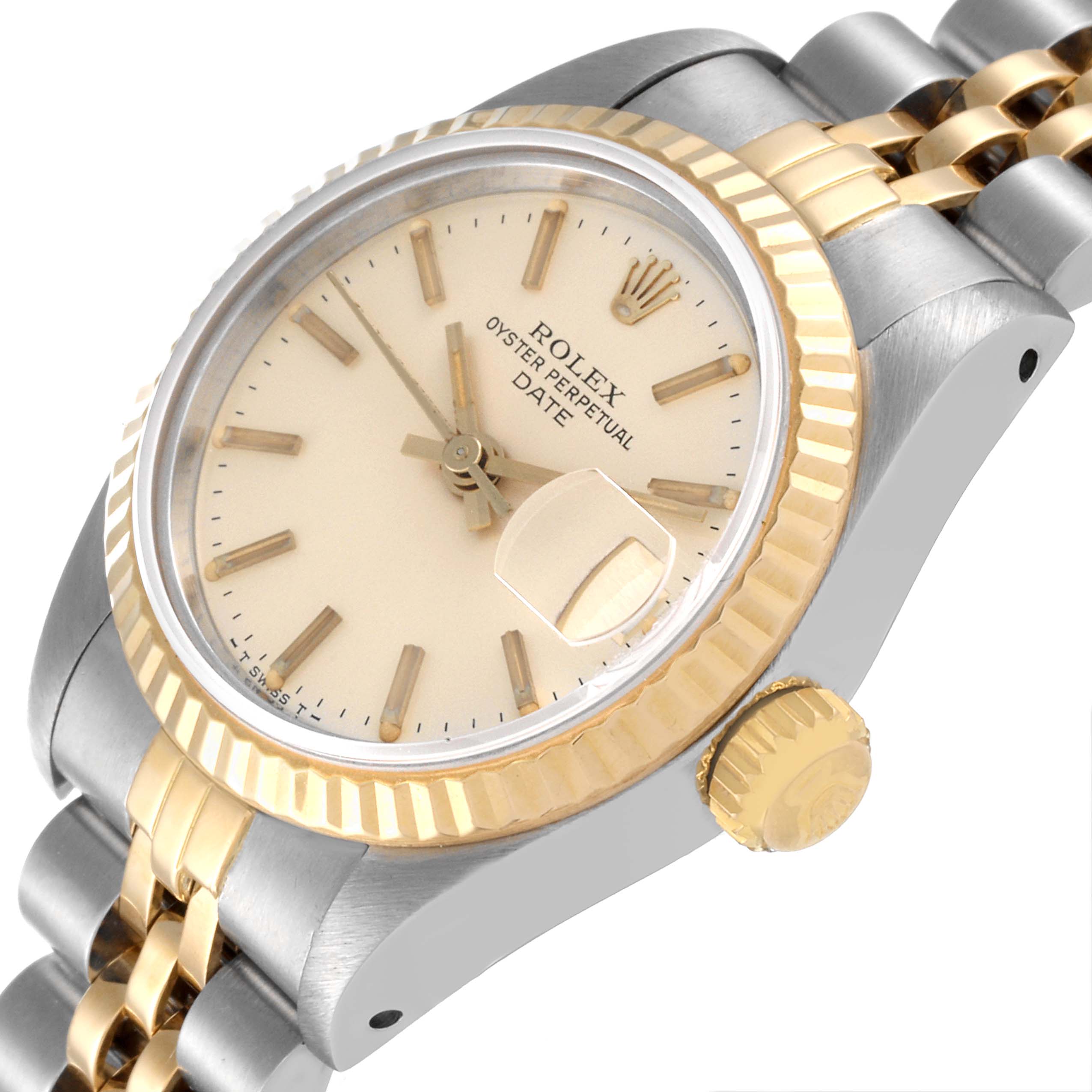 The image shows a close-up, angled view of the face, crown, and partial bracelet of a Rolex Oyster Perpetual Date watch.