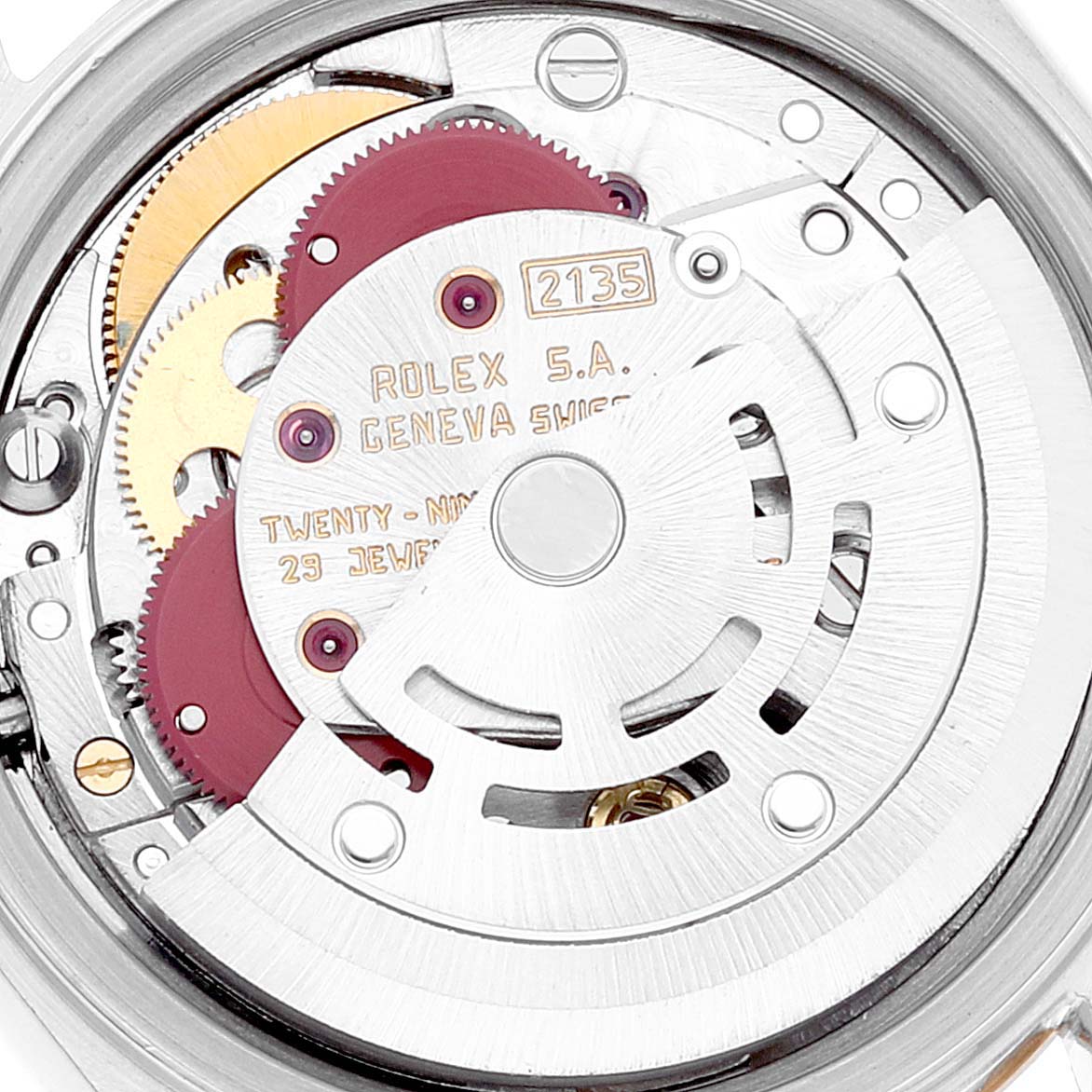 This image shows a close-up view of the internal mechanism of a Rolex Date 69173 Women's Steel and Gold (two tone) Silver Dial 69173 Women's Steel and Gold (two tone) Silver Dial model watch.