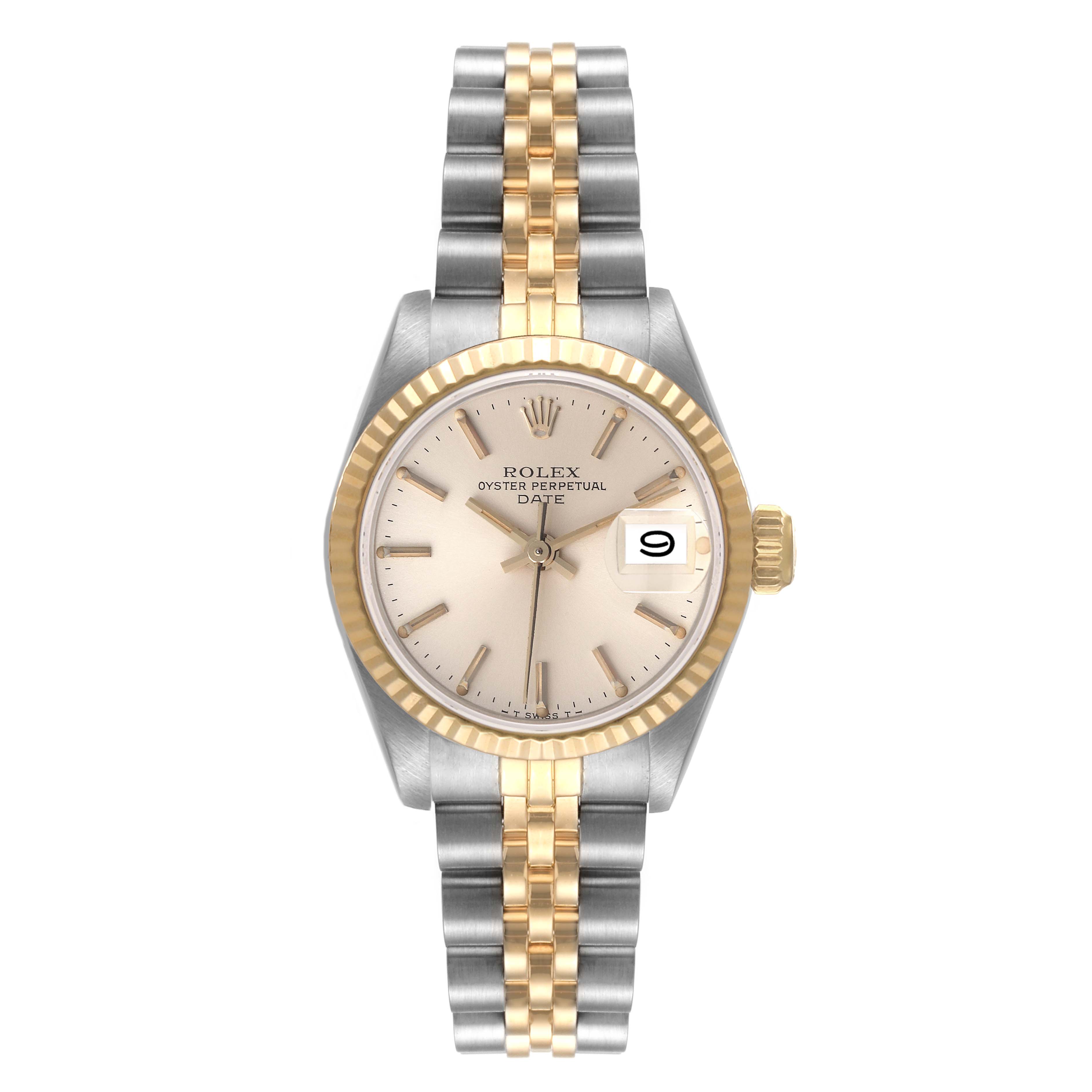 This Rolex Date 69173 Women's Steel and Gold (two tone) Silver Dial 69173 Women's Steel and Gold (two tone) Silver Dial model watch is shown from a front angle, highlighting its dial, fluted bezel, and two-tone bracelet.