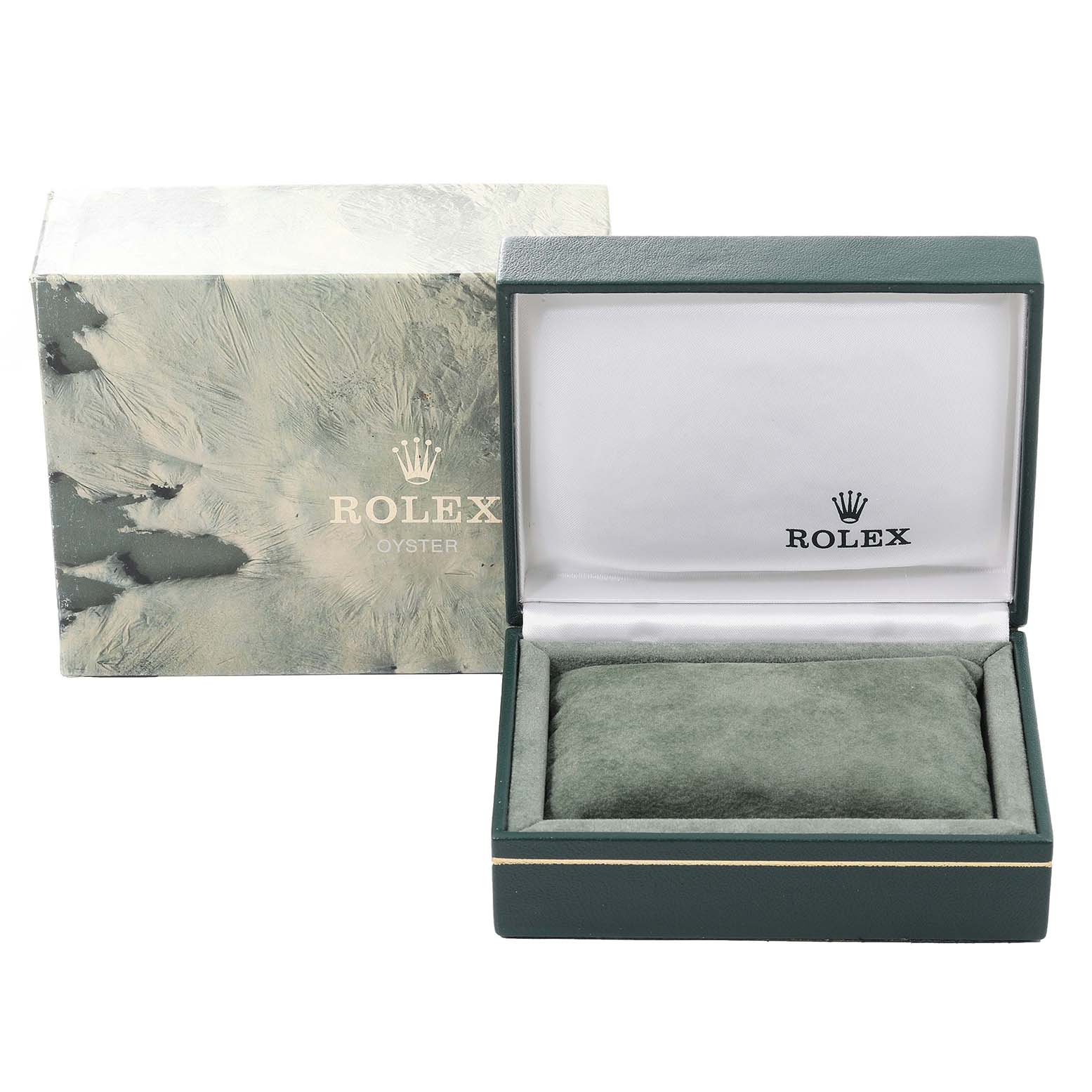 The image shows the packaging of a Rolex Date 69173 Women's Steel and Gold (two tone) Silver Dial 69173 Women's Steel and Gold (two tone) Silver Dial model watch, including an open watch box and its outer covering.