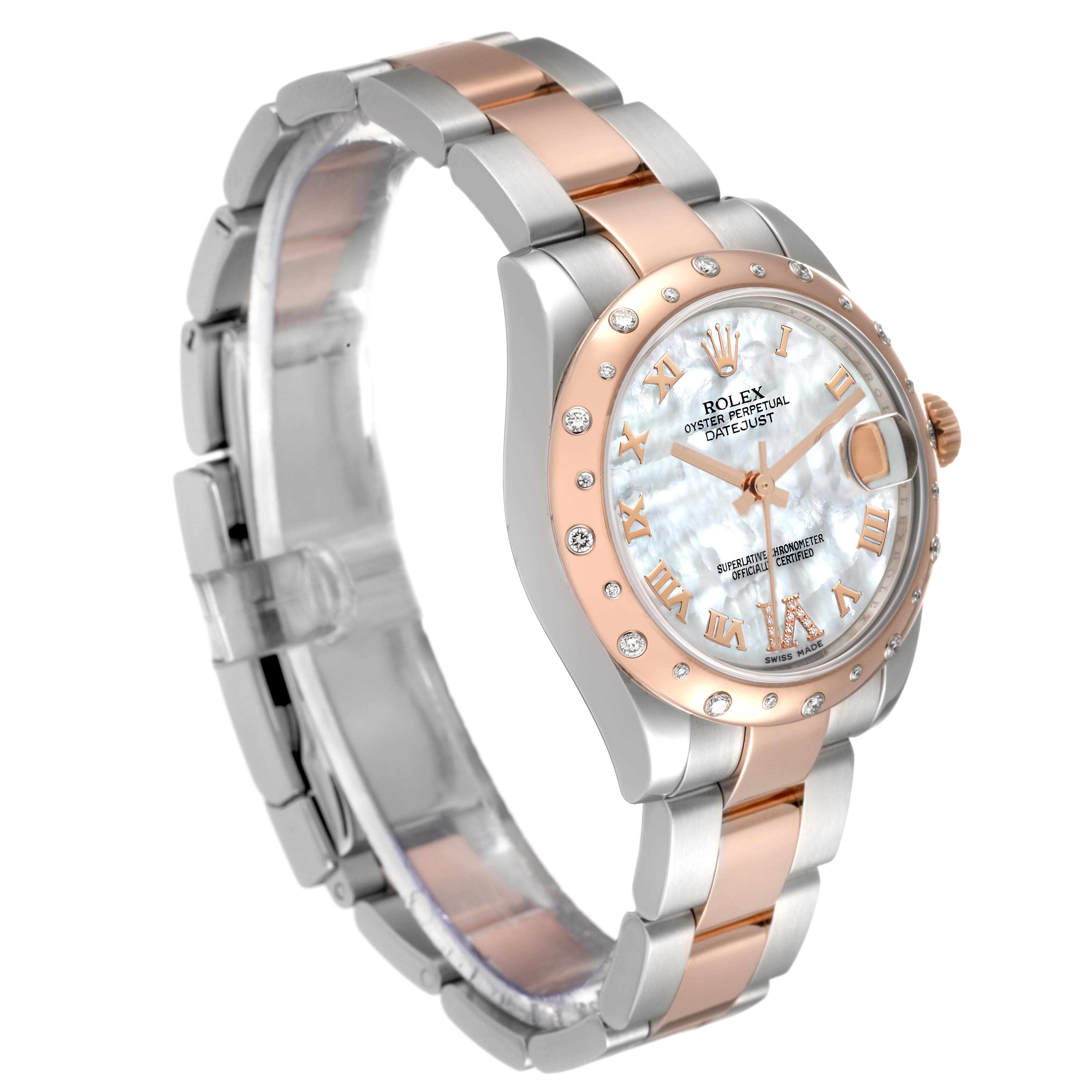 The Rolex Mid-Size 178341 Women
s Steel and Gold (two tone) Mother of Pearl Dial 178341 Women
s Steel and Gold (two tone) Mother of Pearl Dial watch is shown from an angled view, displaying the face, bezel, band, and crown.