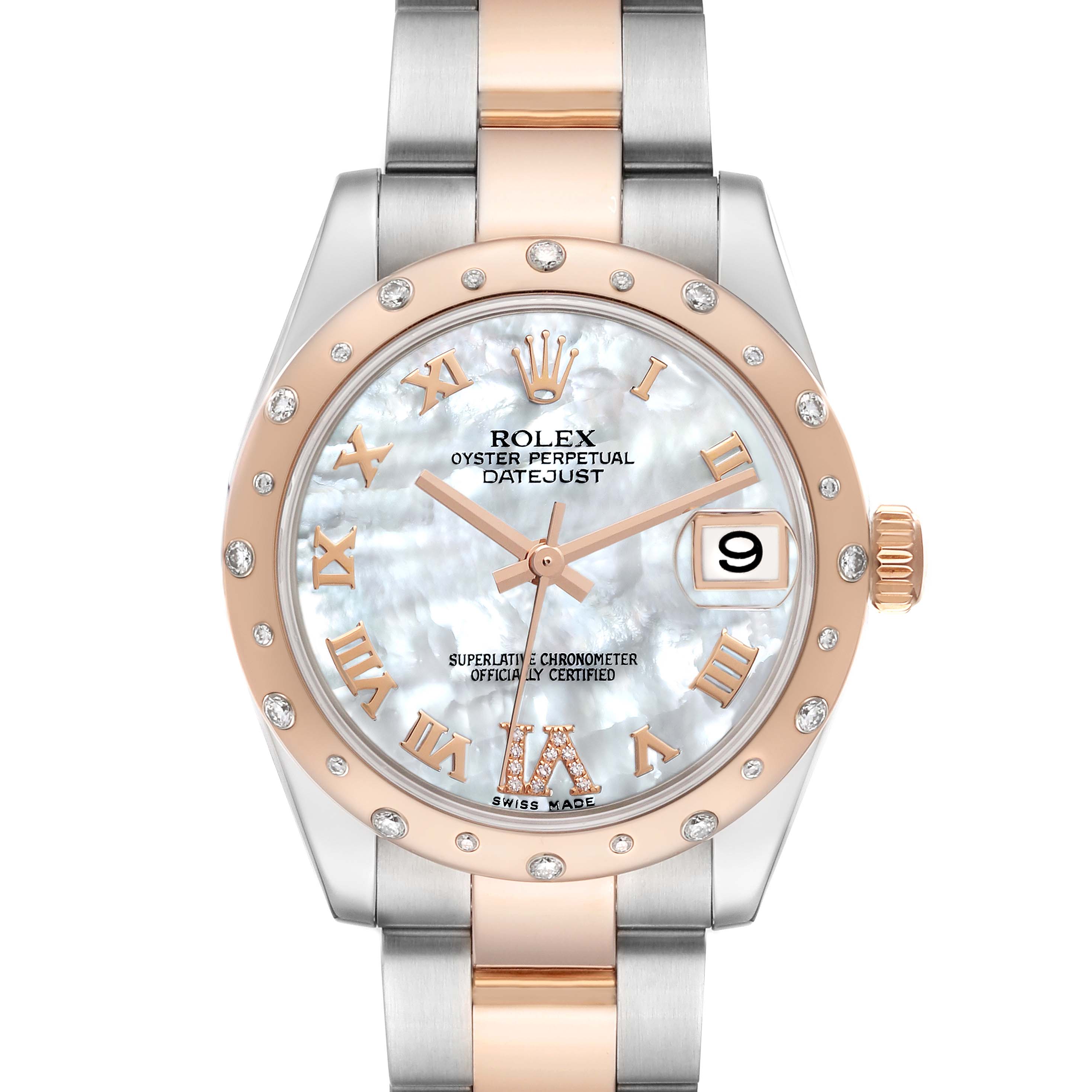 This image shows a front view of a Rolex Mid-Size 178341 Women
s Steel and Gold (two tone) Mother of Pearl Dial 178341 Women
s Steel and Gold (two tone) Mother of Pearl Dial Oyster Perpetual Datejust watch, displaying the face, bezel, and bracelet.