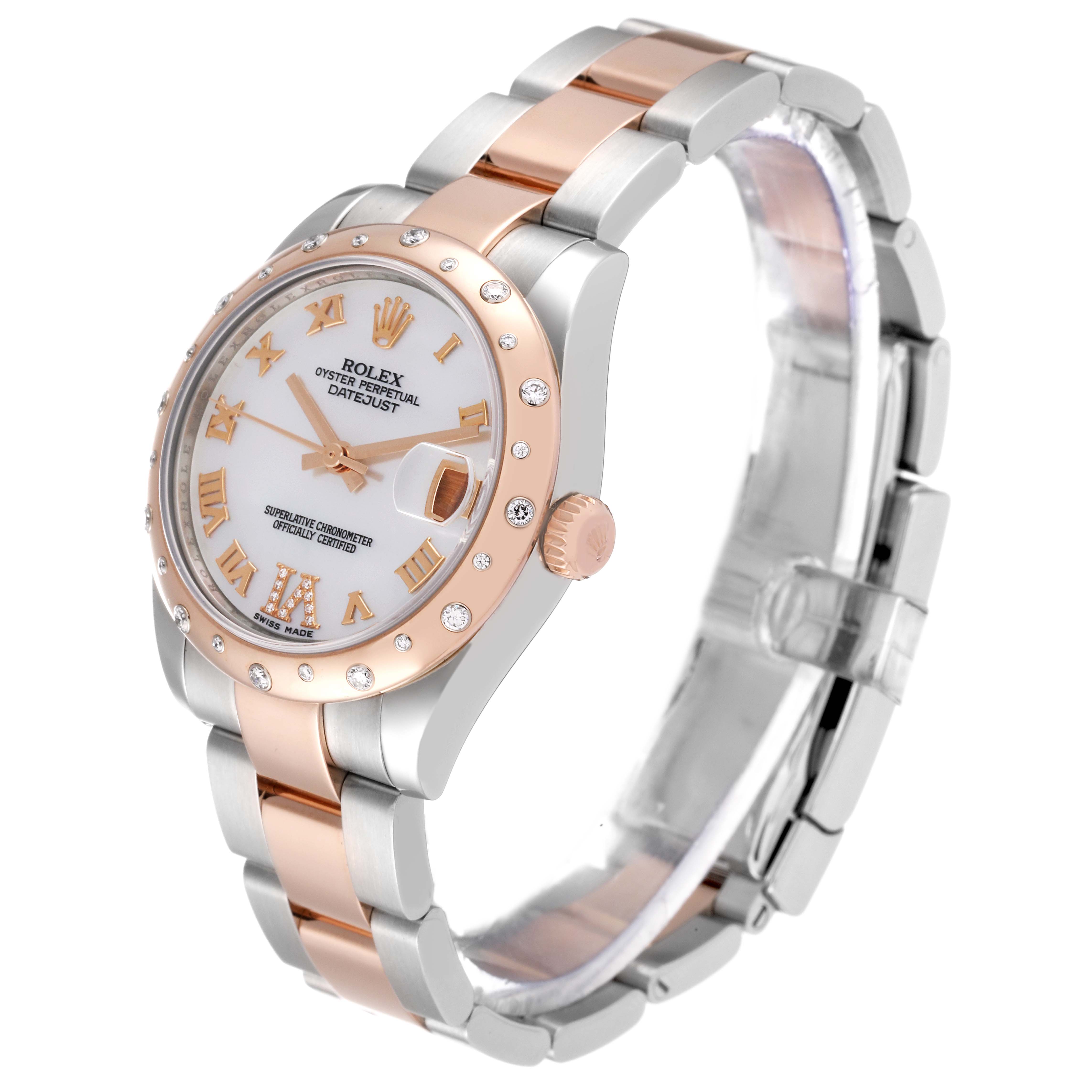 The image shows a Rolex Mid-Size 178341 Women
s Steel and Gold (two tone) Mother of Pearl Dial 178341 Women
s Steel and Gold (two tone) Mother of Pearl Dial model watch at a side angle, highlighting its two-tone band, bezel, dial, and crown.