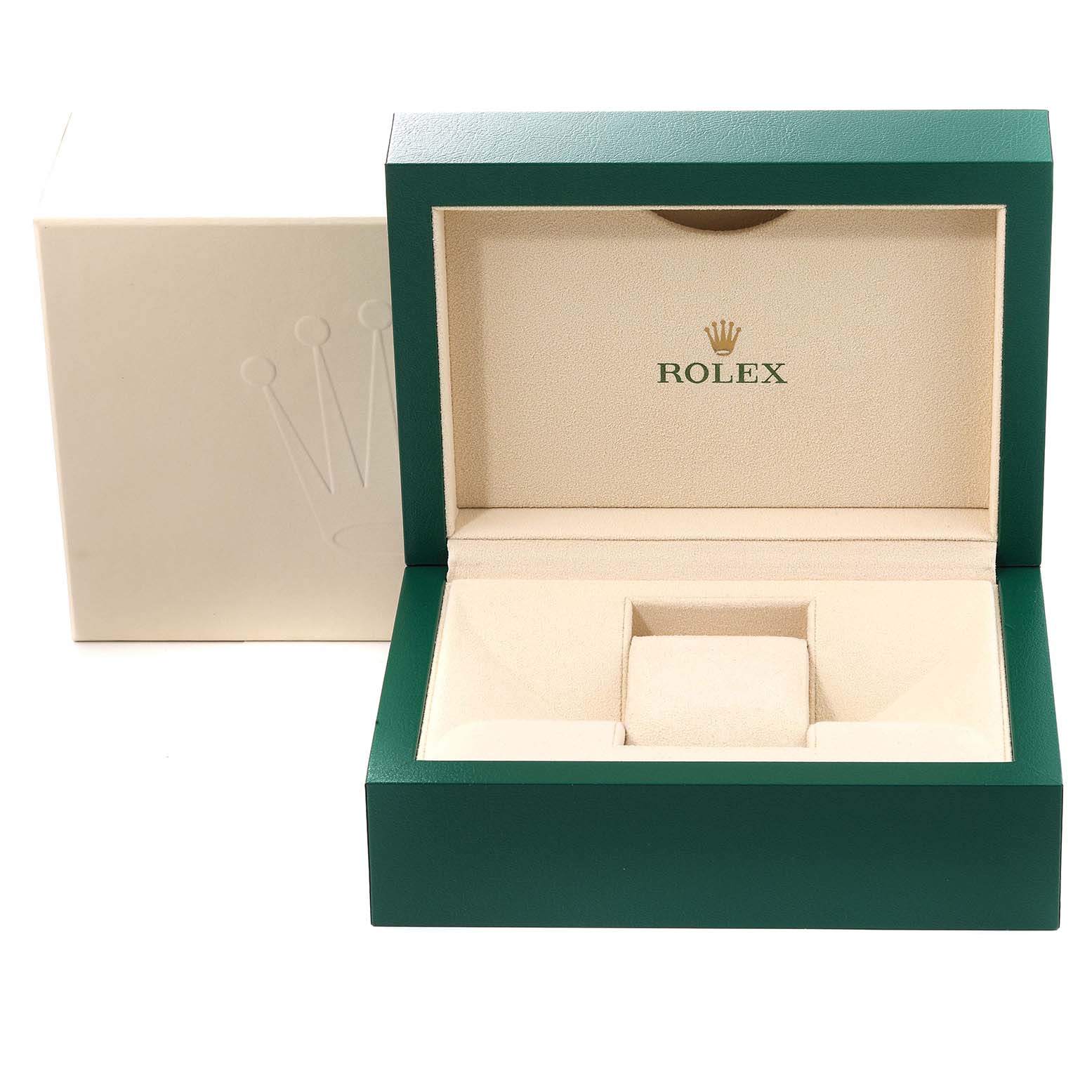 The image depicts an open Rolex watch box for a Mid-Size model, showcasing its green exterior and beige plush interior.