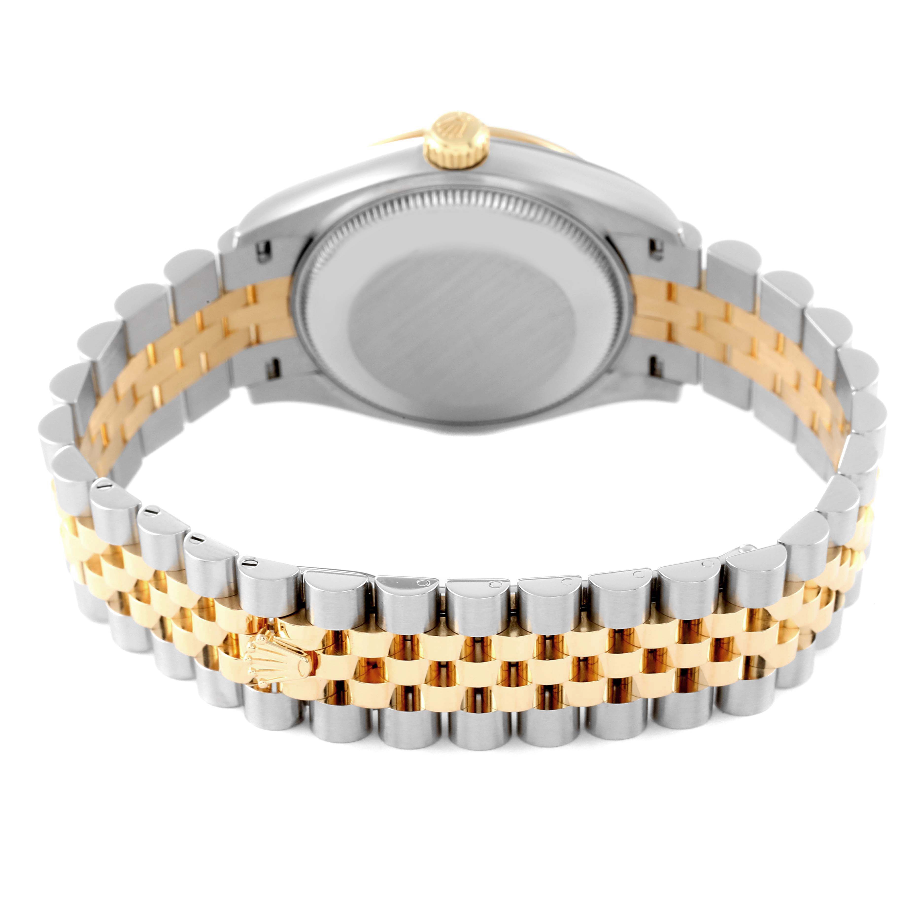 The image shows the back and bracelet of a Mid-Size Rolex watch, highlighting the two-tone metal design and clasp.