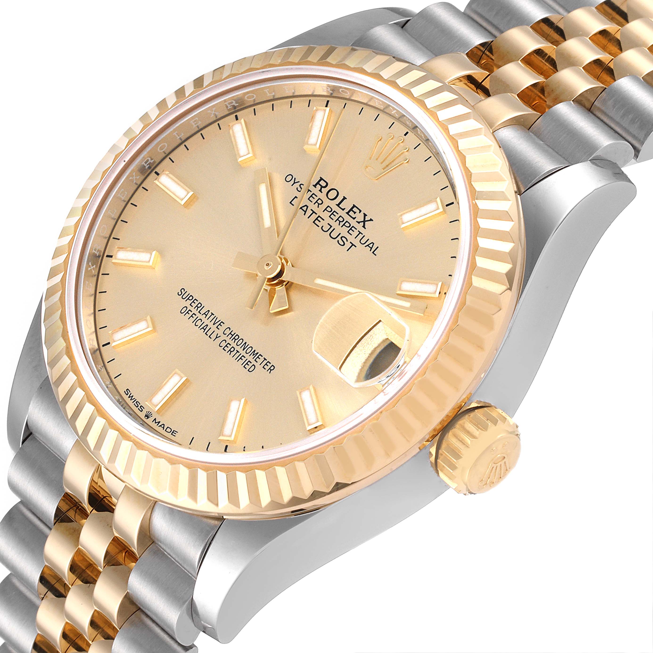 This Rolex Mid-Size 278273 Women
s Steel and Gold (two tone) Champagne Dial 278273 Women
s Steel and Gold (two tone) Champagne Dial model watch is shown at a slightly tilted angle, highlighting the dial, bezel, crown, and bracelet.