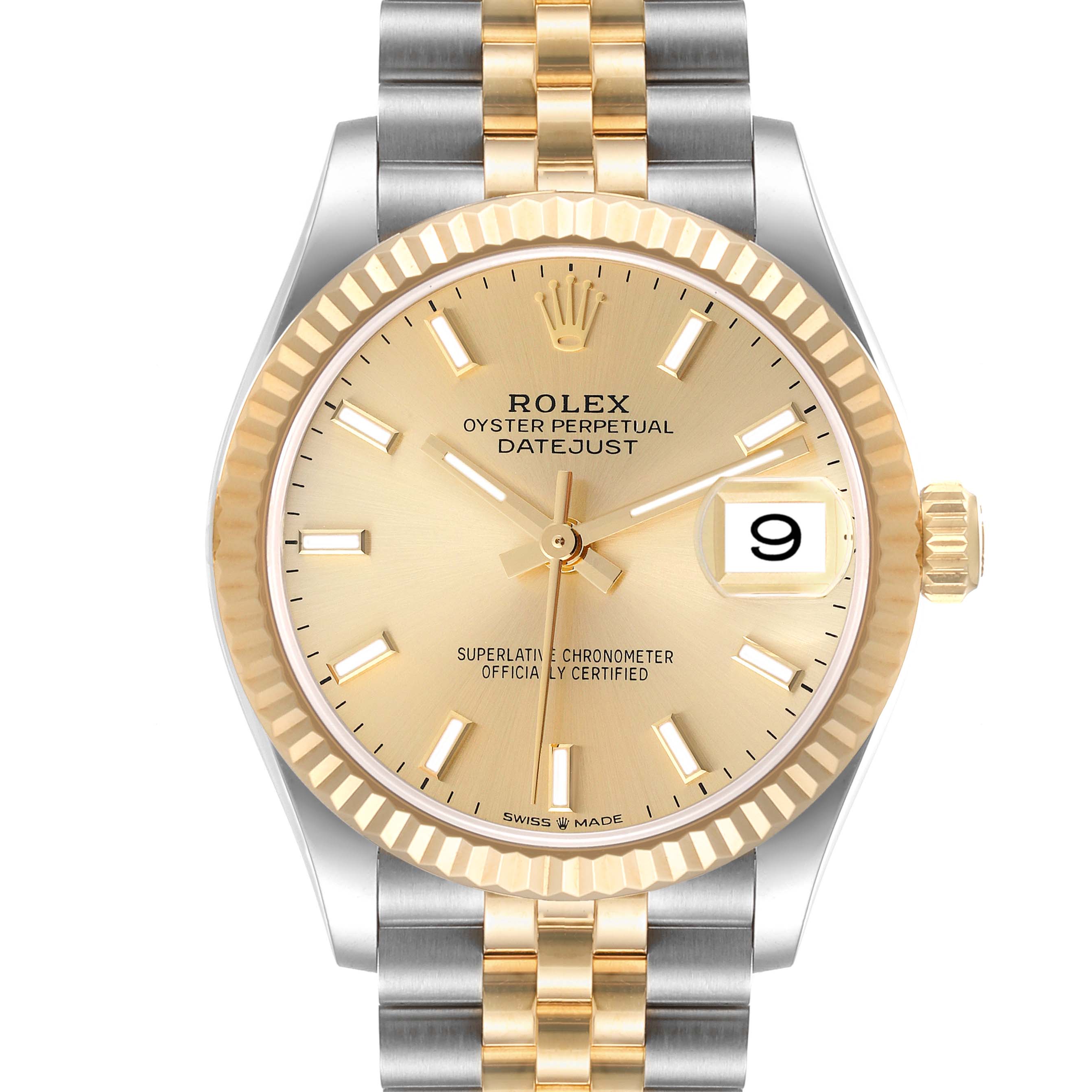 This Rolex Mid-Size 278273 Women
s Steel and Gold (two tone) Champagne Dial 278273 Women
s Steel and Gold (two tone) Champagne Dial model is shown from the front, displaying the dial, bezel, and part of the bracelet.
