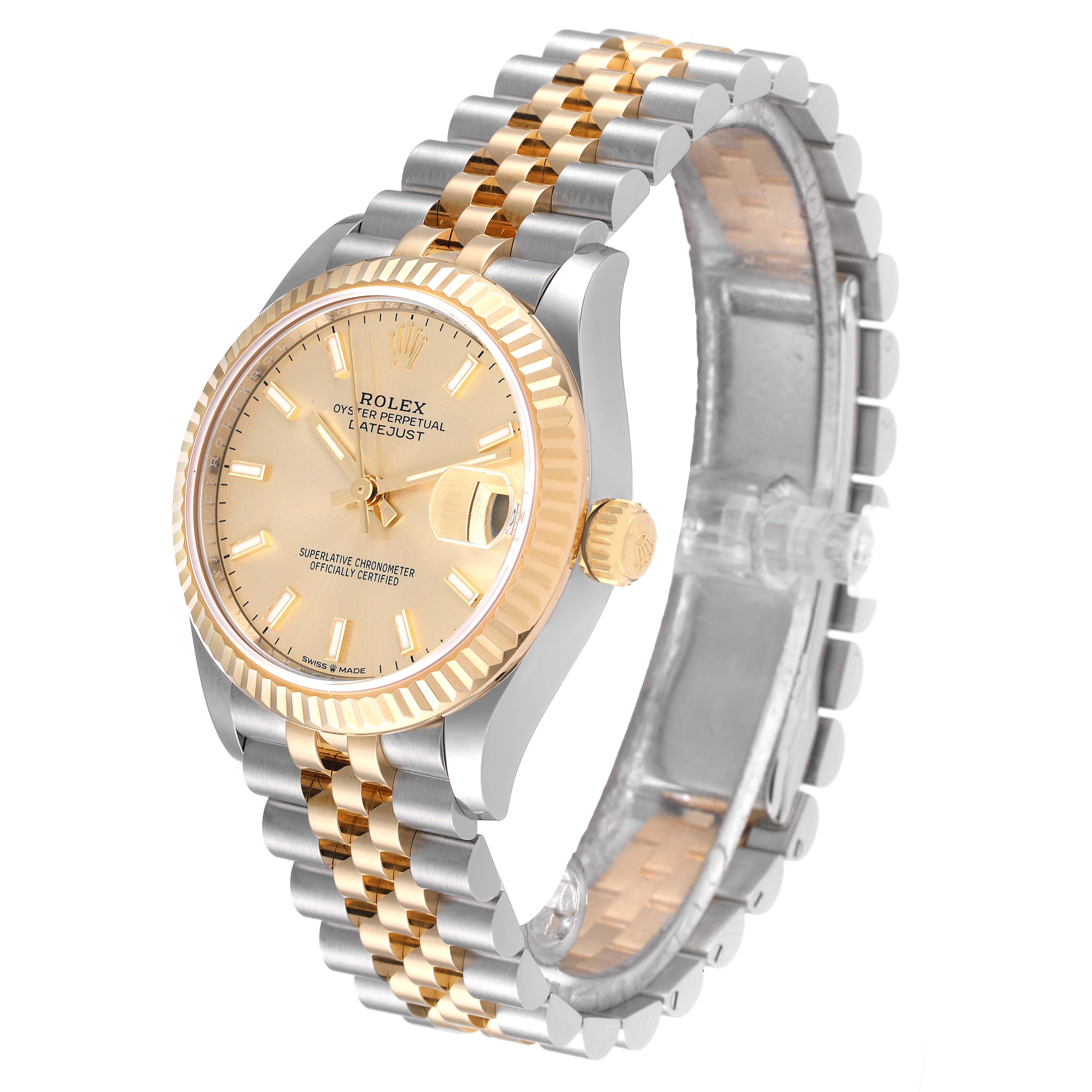 The image shows a side angle of a Mid-Size Rolex Datejust watch with a gold bezel and a two-tone metal bracelet.