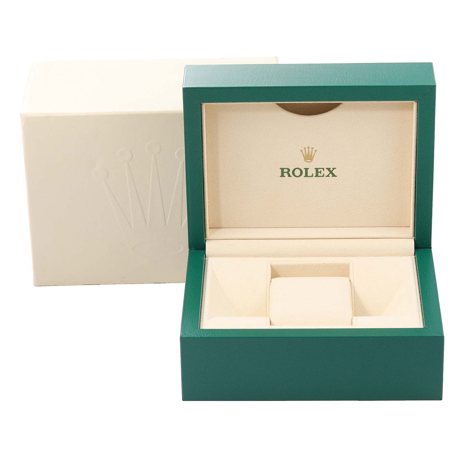This image shows the open box for a Rolex Mid-Size 278273 Women
s Steel and Gold (two tone) Champagne Dial 278273 Women
s Steel and Gold (two tone) Champagne Dial model, with the inner cushion and outer packaging.