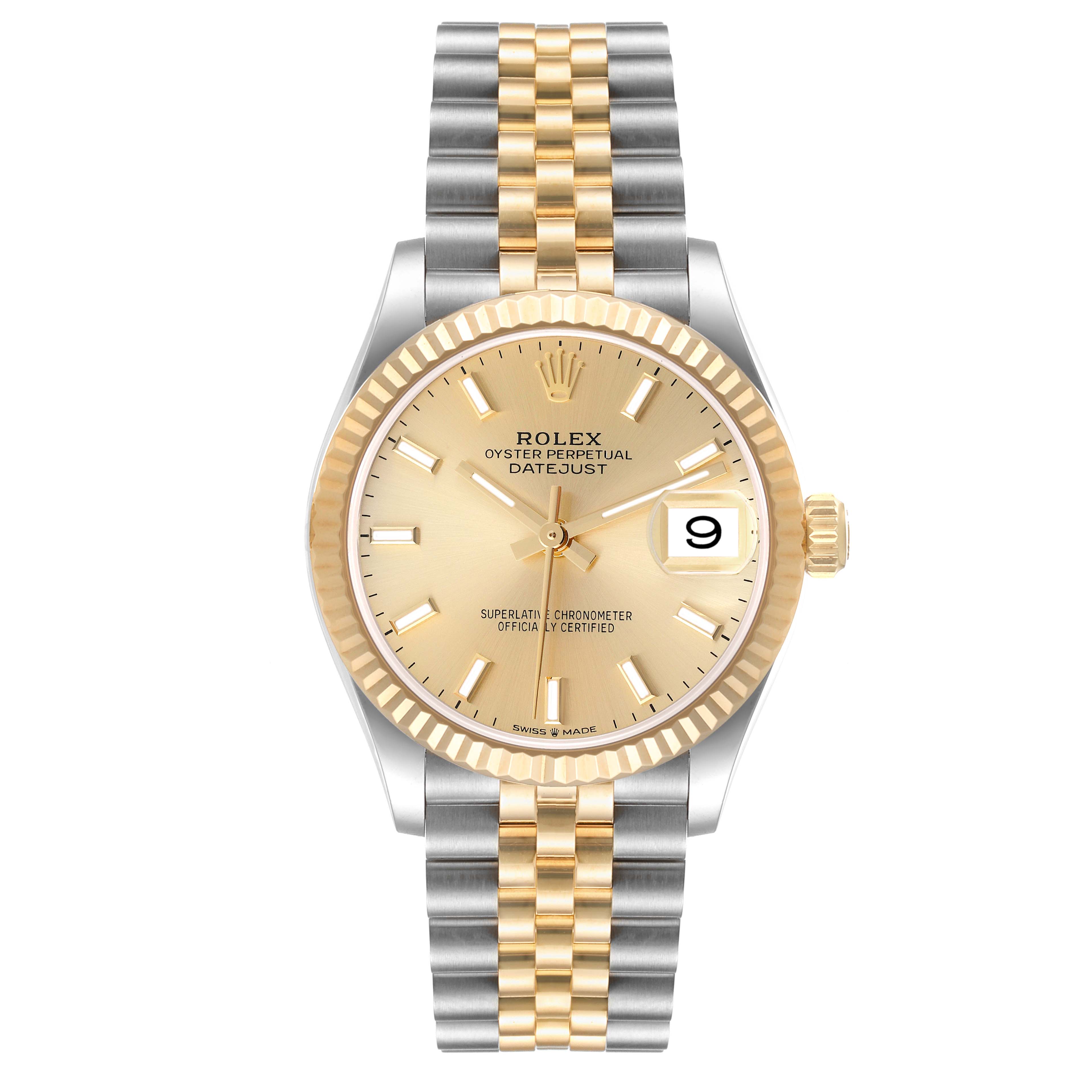 This Rolex Mid-Size 278273 Women
s Steel and Gold (two tone) Champagne Dial 278273 Women
s Steel and Gold (two tone) Champagne Dial Datejust watch is shown from a front angle, highlighting the face and strap.