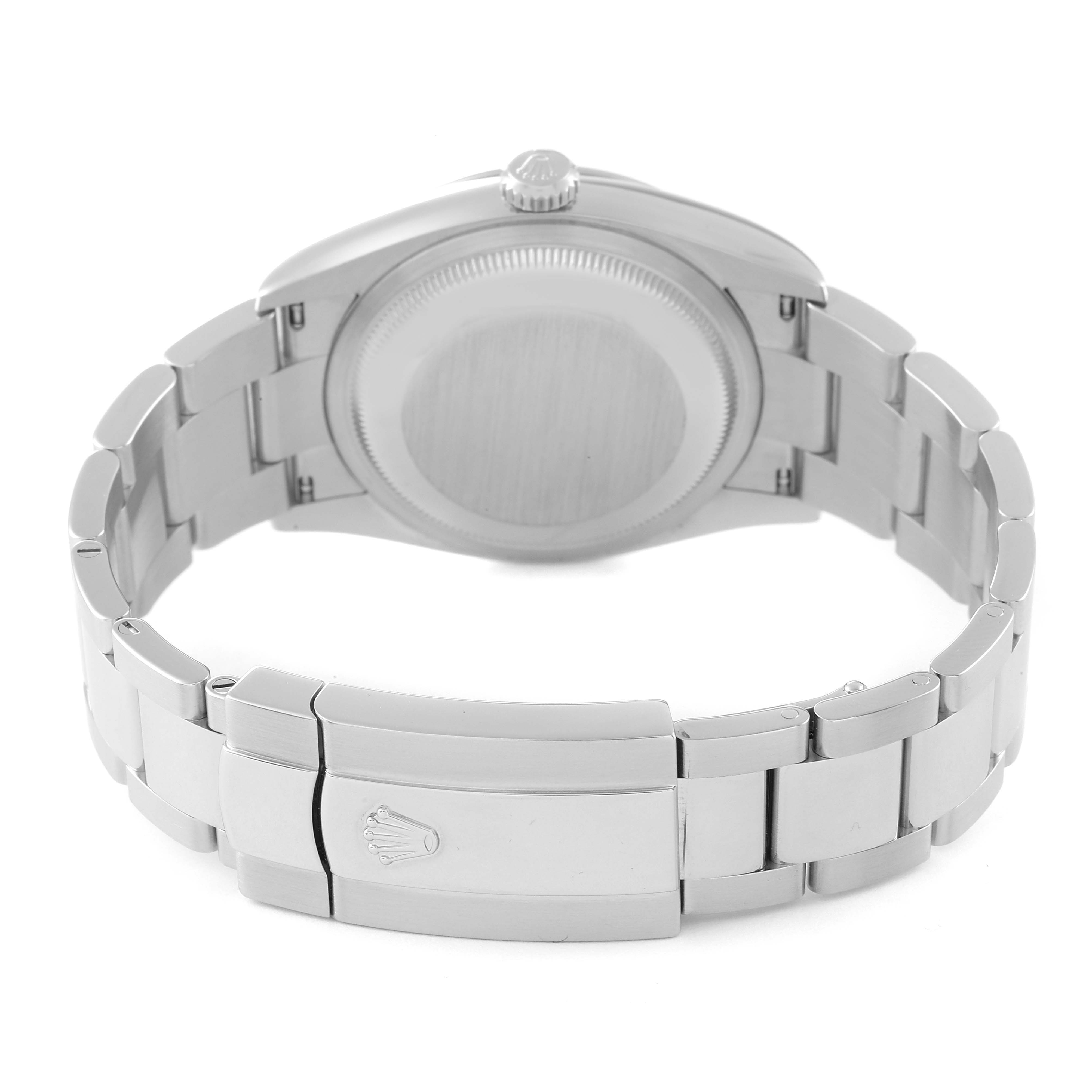 This image shows the back view of the Rolex Datejust 126200 Men's Stainless Steel Blue Dial 126200 Men's Stainless Steel Blue Dial watch, displaying its case back, bracelet, and clasp.