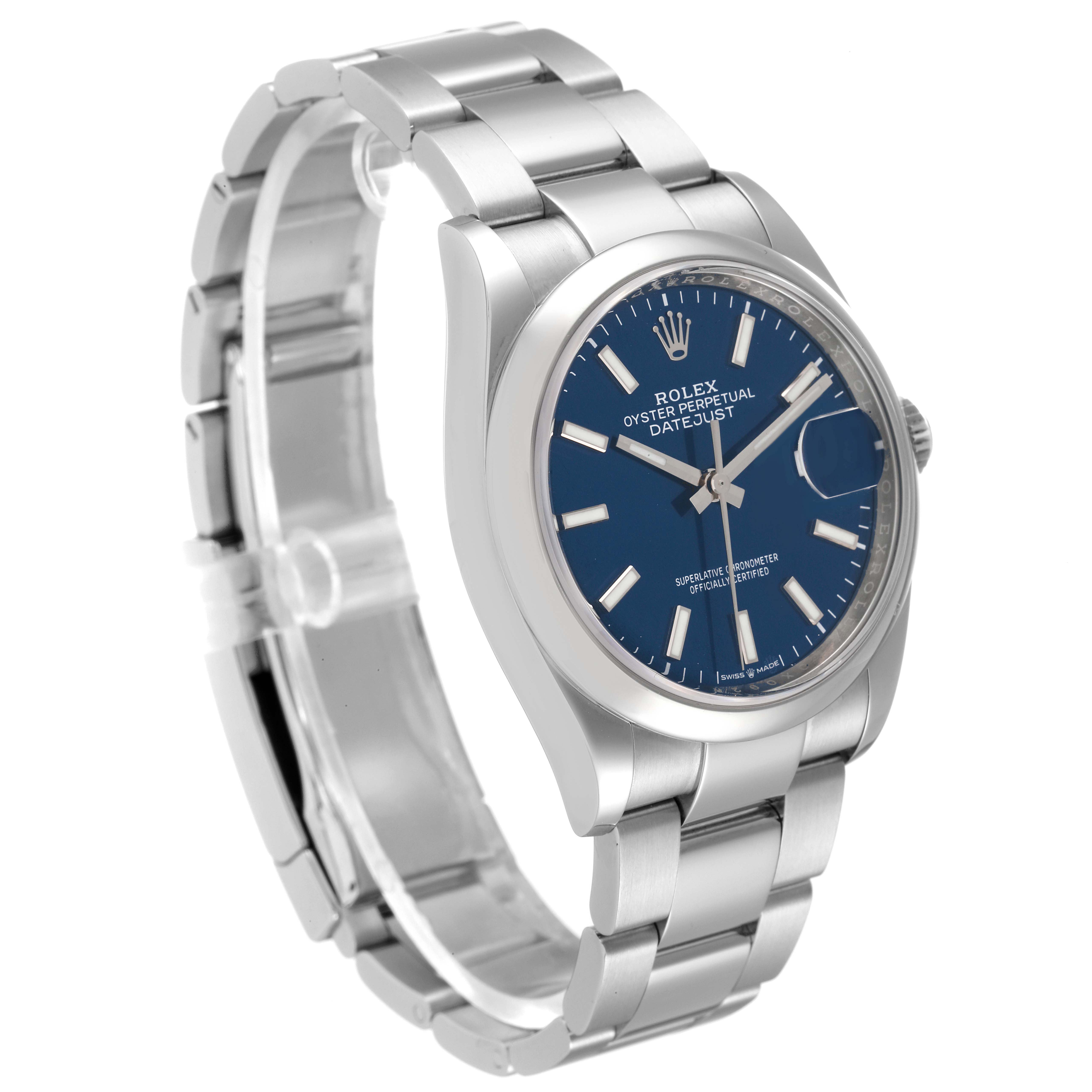 The image shows a side and front view of a Rolex Datejust 126200 Men's Stainless Steel Blue Dial 126200 Men's Stainless Steel Blue Dial watch, displaying its bracelet, case, and blue dial.