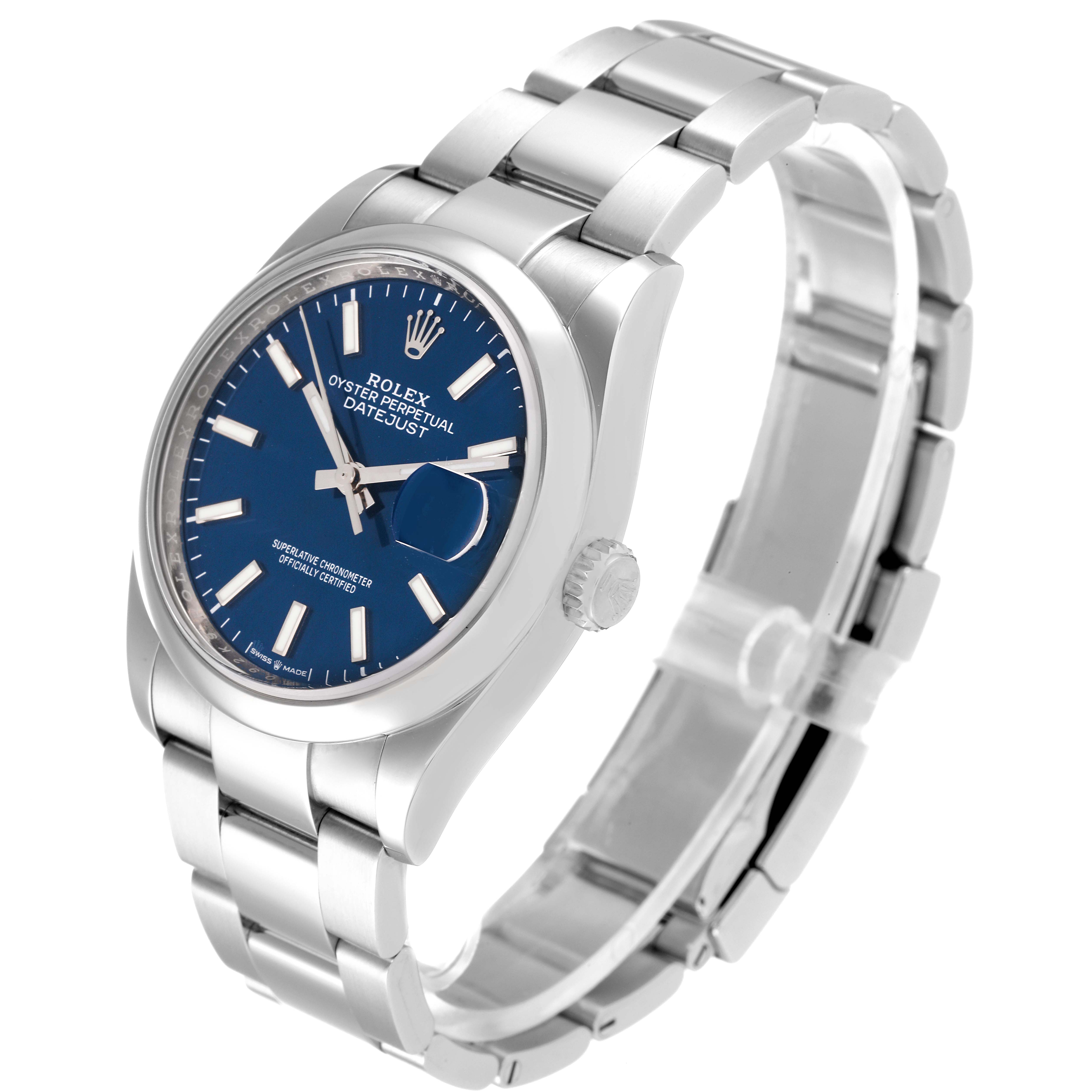 This Rolex Datejust 126200 Men's Stainless Steel Blue Dial 126200 Men's Stainless Steel Blue Dial watch is shown at an angle, displaying the dial, case, and bracelet clearly.