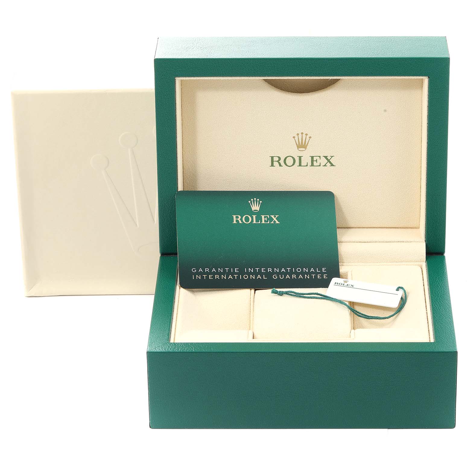 The image shows a Rolex Datejust 126200 Men's Stainless Steel Blue Dial 126200 Men's Stainless Steel Blue Dial watch box, international guarantee card, and hangtag from a front-facing angle.
