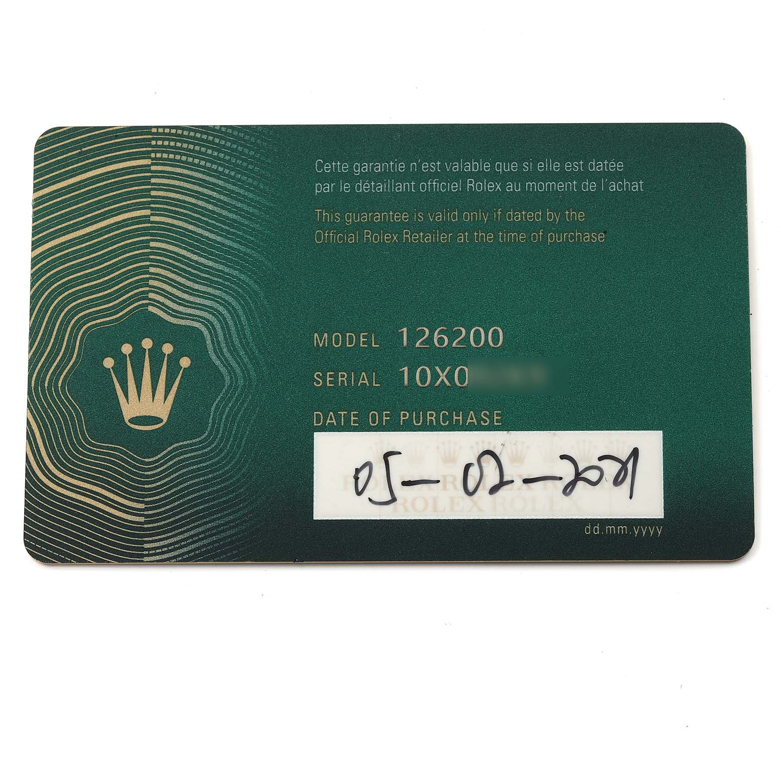 The image shows a Rolex guarantee card for the Datejust model 126200, including the serial number and date of purchase.