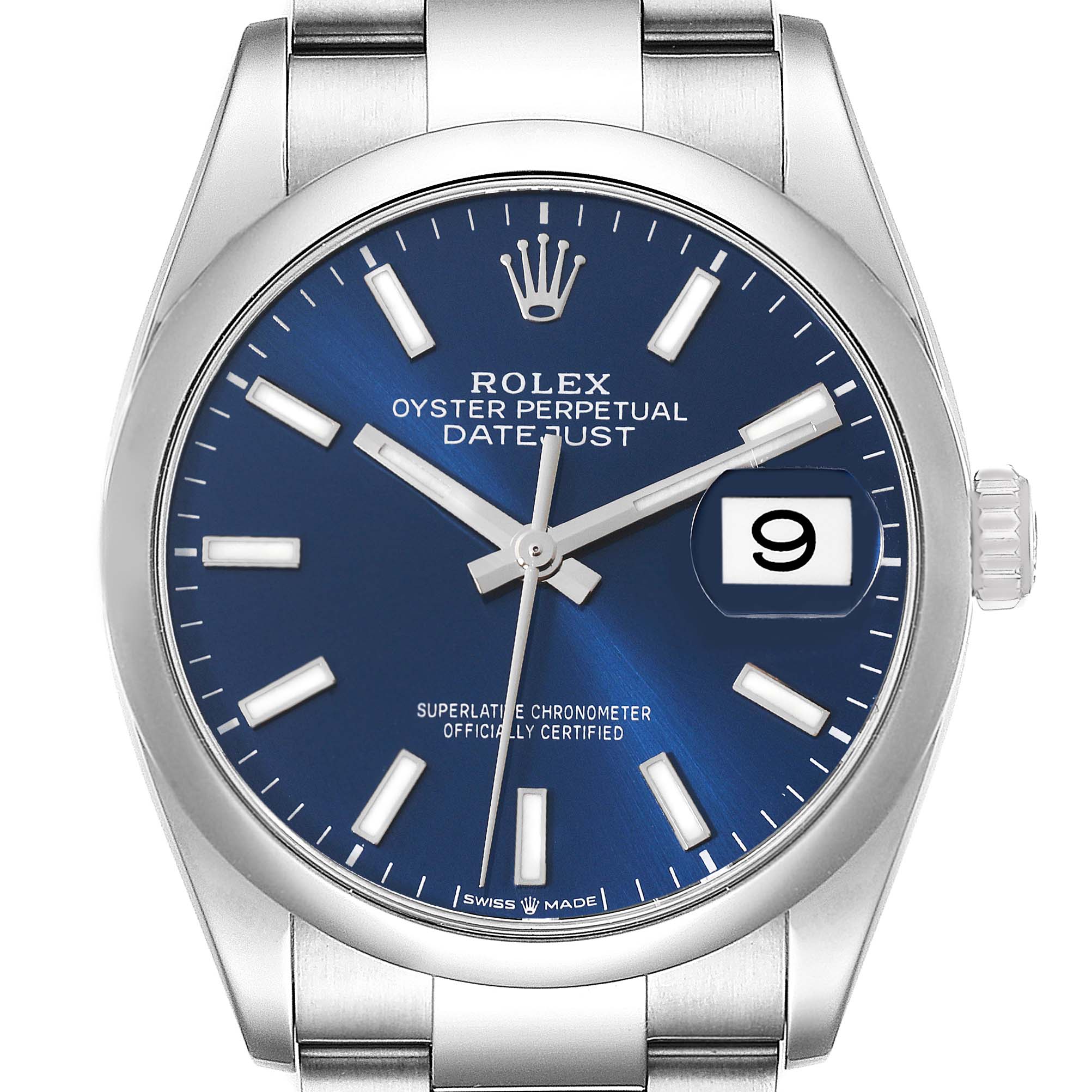 The image shows the front view of a Rolex Datejust 126200 Men's Stainless Steel Blue Dial 126200 Men's Stainless Steel Blue Dial watch with a blue dial and a stainless steel bracelet.