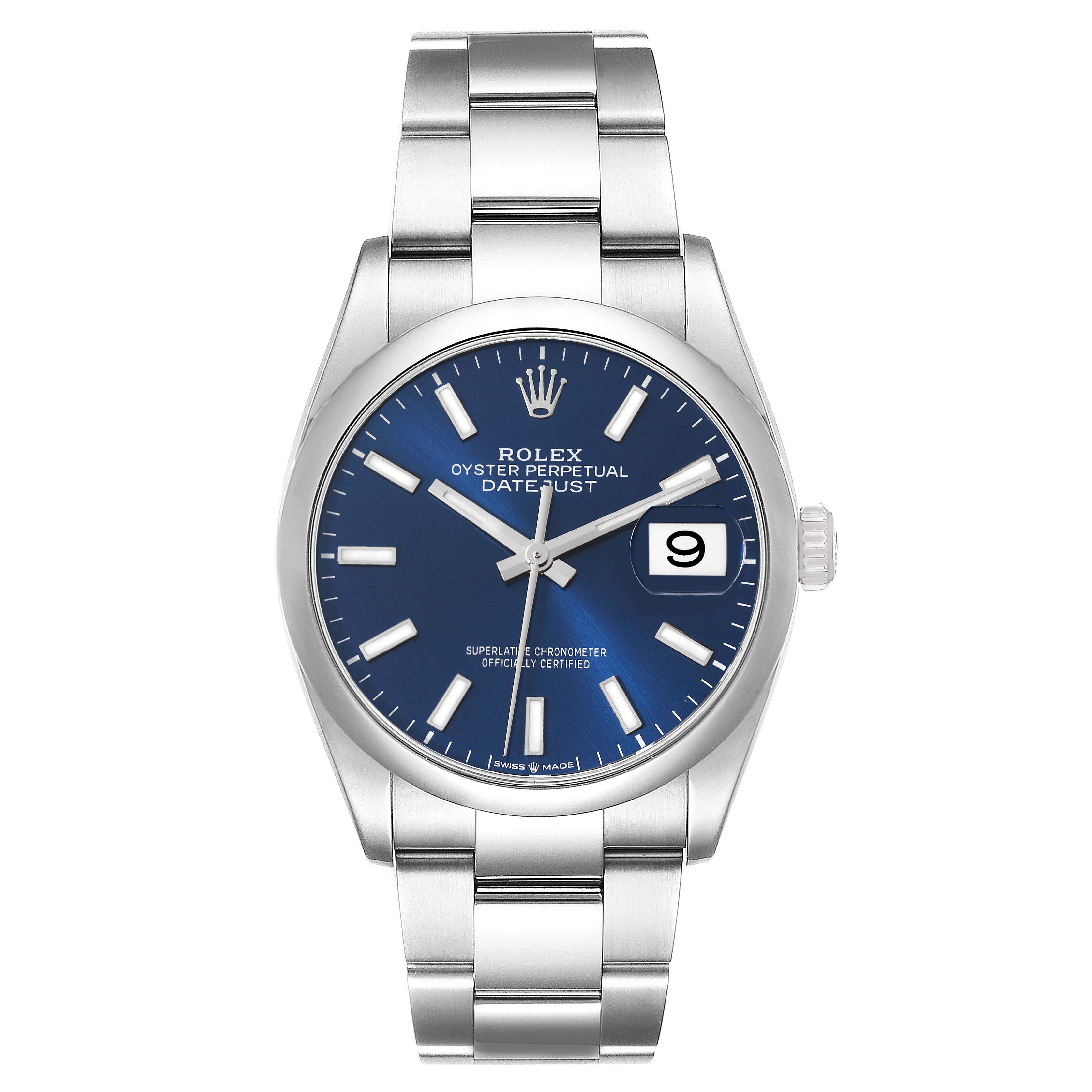 This image shows a front view of a Rolex Datejust 126200 Men's Stainless Steel Blue Dial 126200 Men's Stainless Steel Blue Dial watch, featuring a blue dial and metal bracelet.