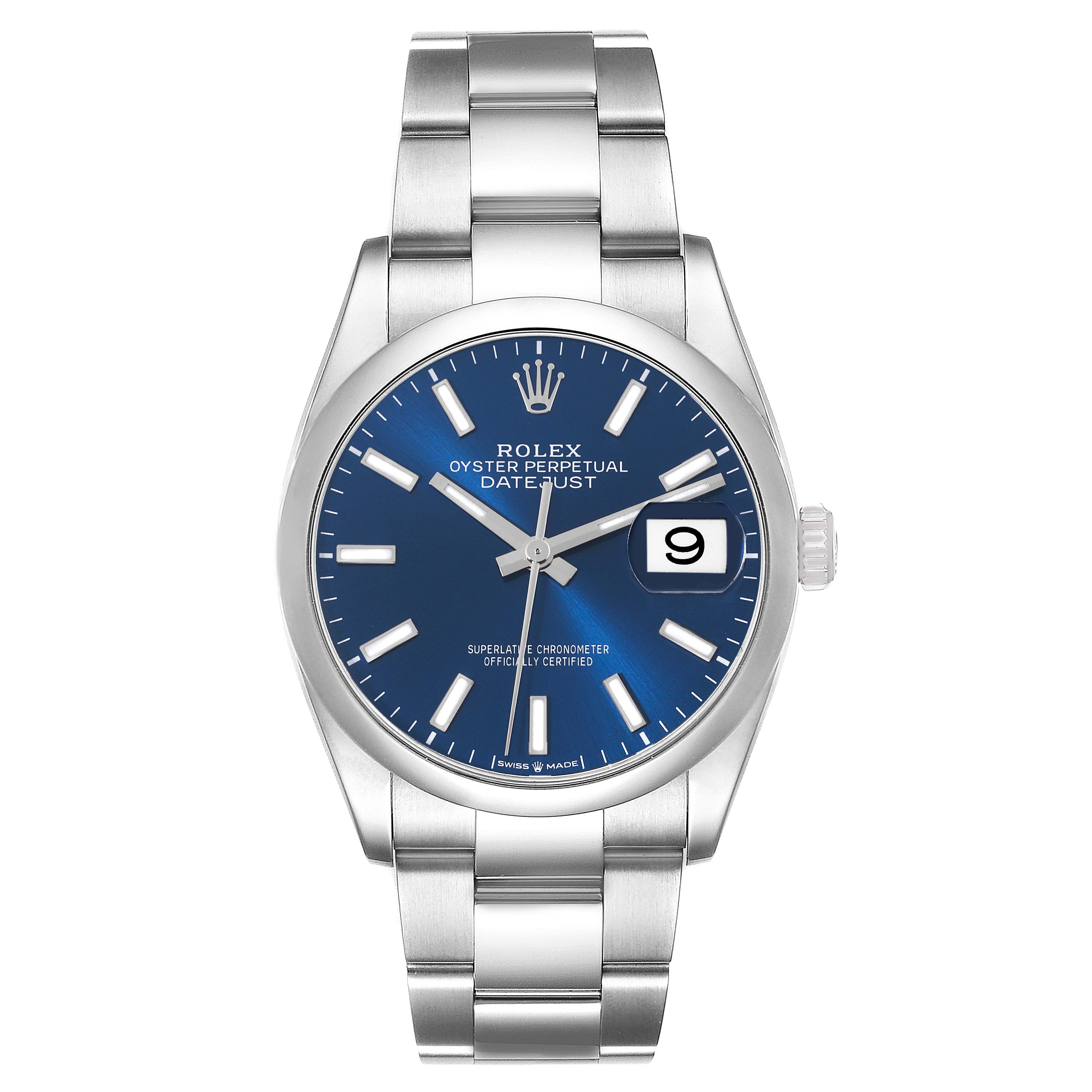 This image shows a Rolex Datejust 126200 Men's Stainless Steel Blue Dial 126200 Men's Stainless Steel Blue Dial watch from a front angle, including the dial, bezel, crown, and bracelet.