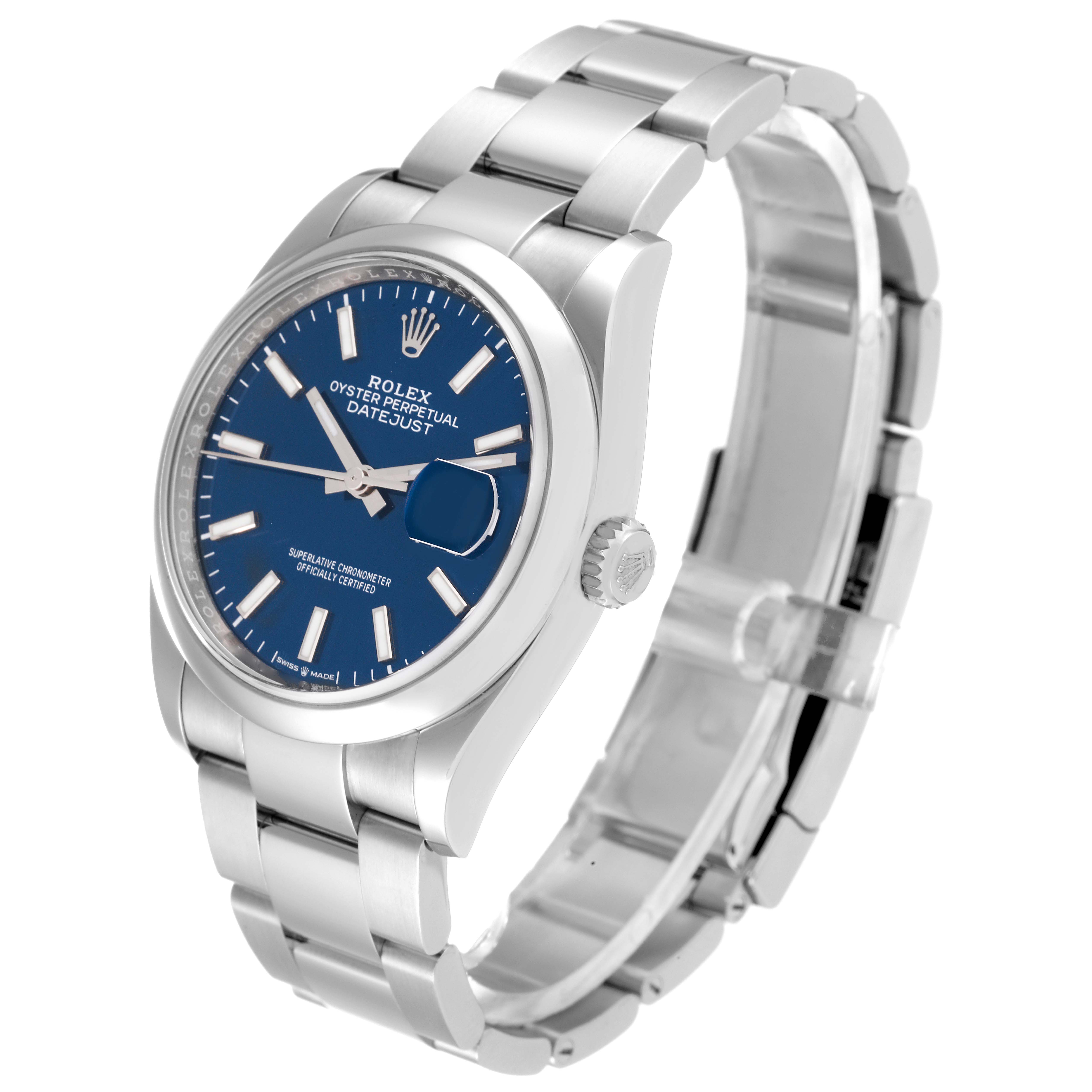 The Rolex Datejust 126200 Men's Stainless Steel Blue Dial 126200 Men's Stainless Steel Blue Dial watch is shown at an angled side view, featuring the bracelet, dial, bezel, crown, and clasp.